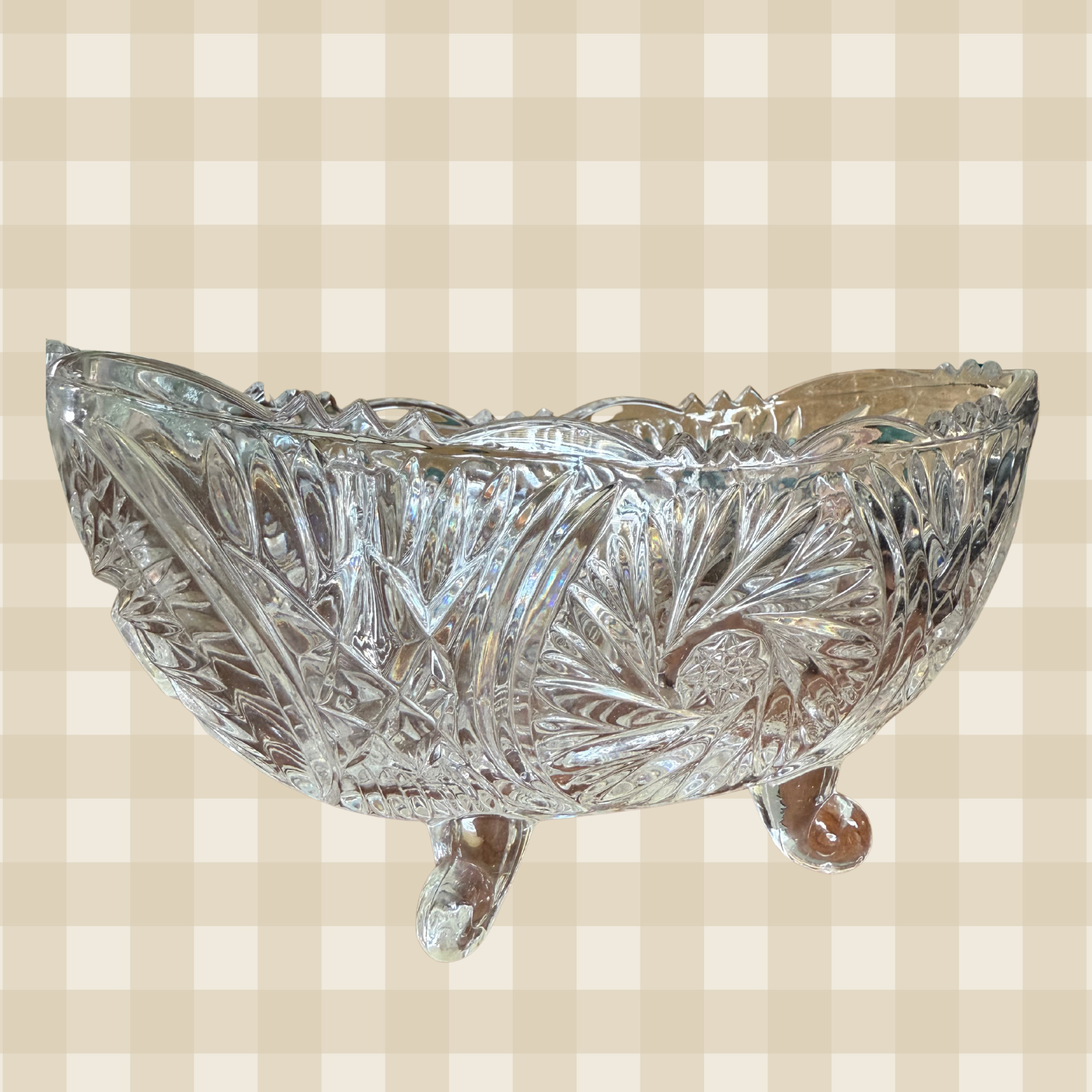 American Brilliant Cut Crystal Cut Oval Glass Footed Bowl