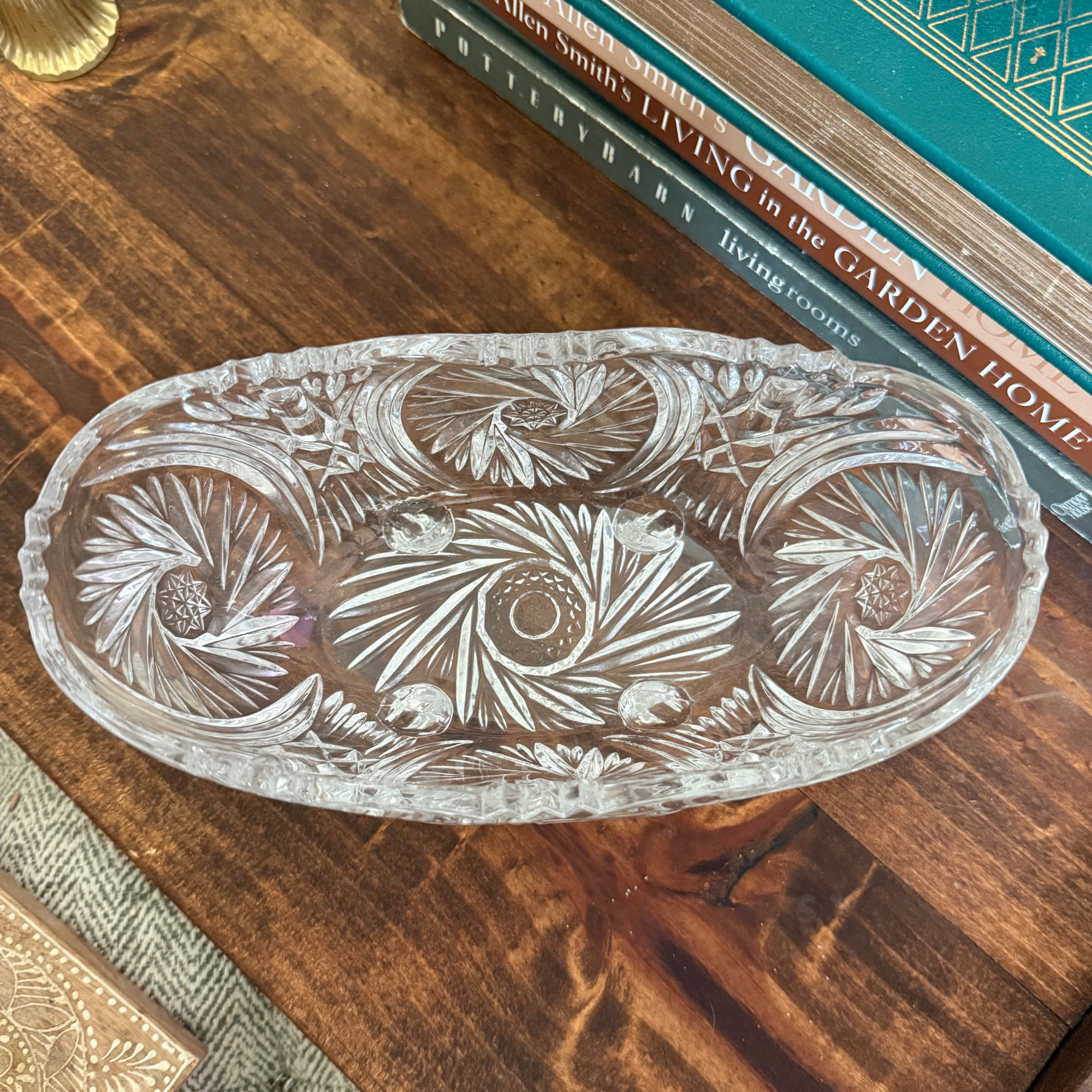 American Brilliant Cut Crystal Cut Oval Glass Footed Bowl