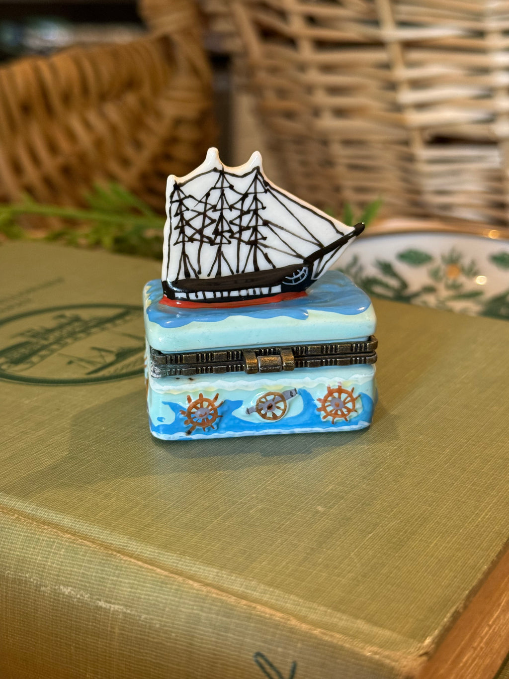 Vintage Limoges-Style Hand-Painted U.S.S. Constitution Trinket Box