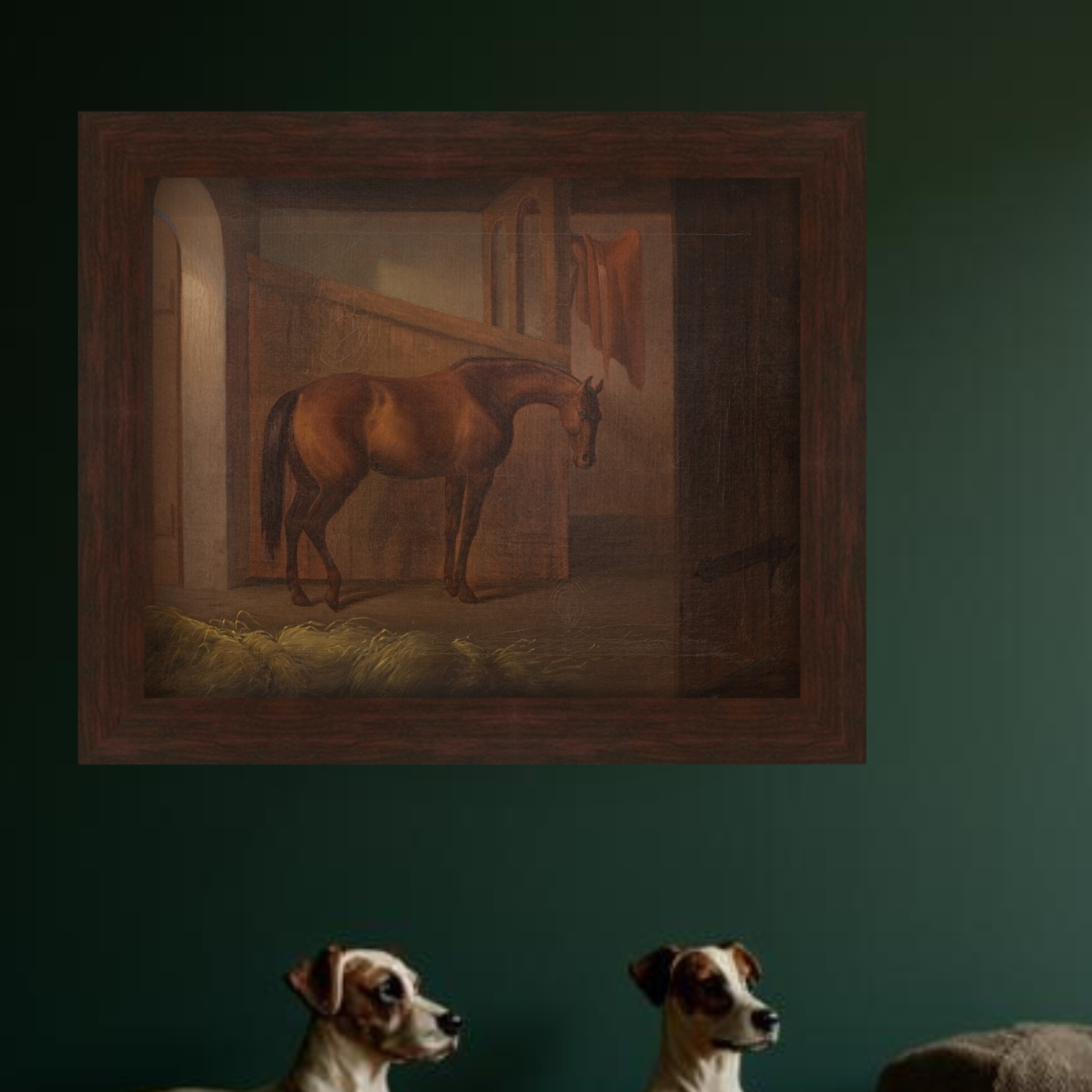Framed painting of a horse in a stable on a dark green wall with two dogs below.