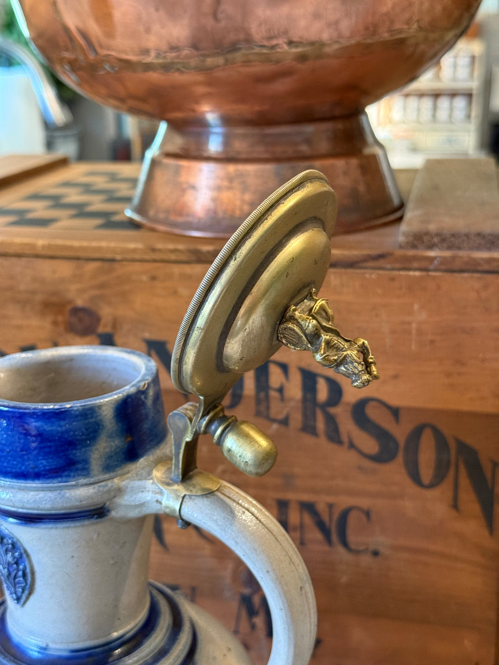 Antique German Westerwald Stein with Ornate Brass Finial