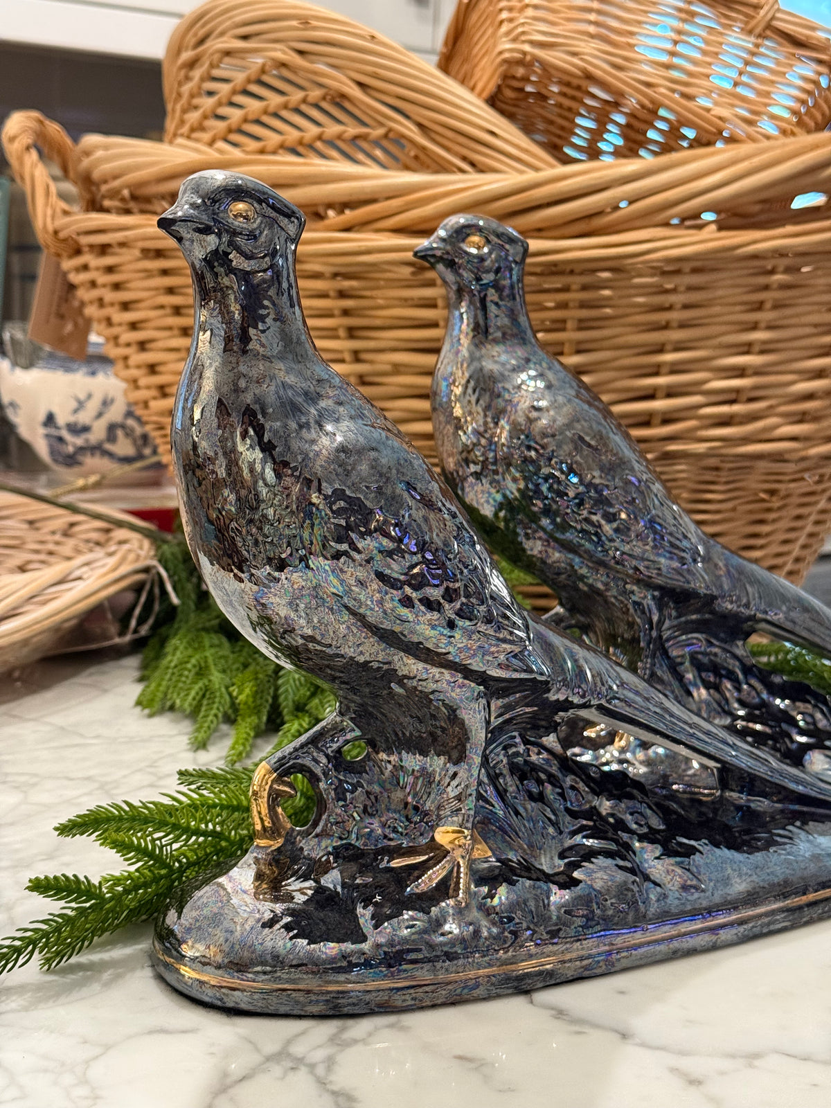 Sculpted Mercury Gray Pheasant Pair