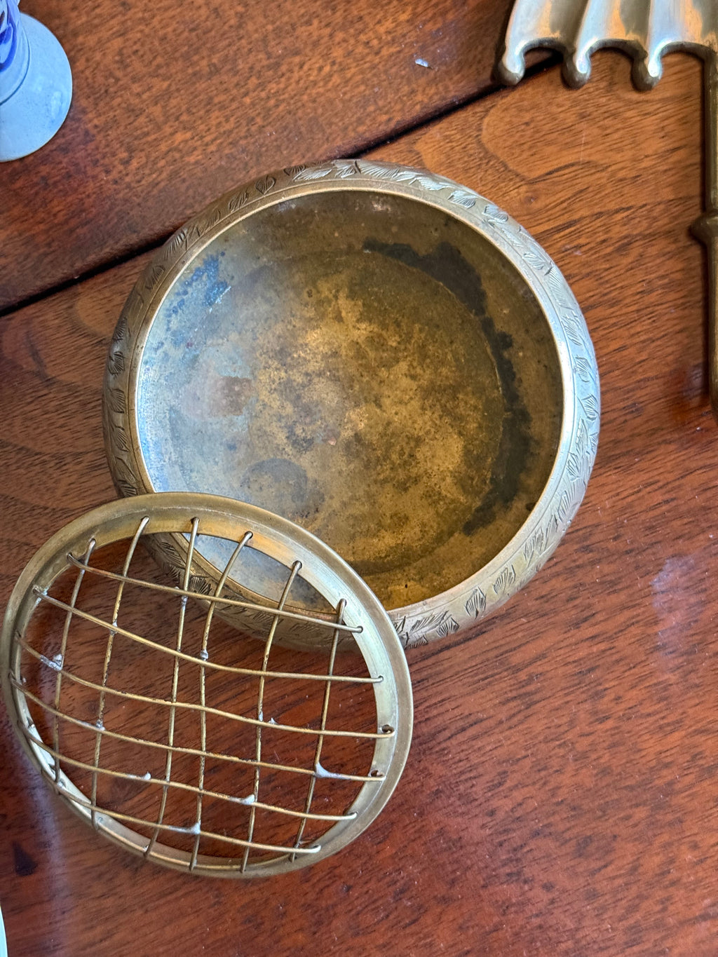 Vintage Etched Brass Floral Frog Vessel