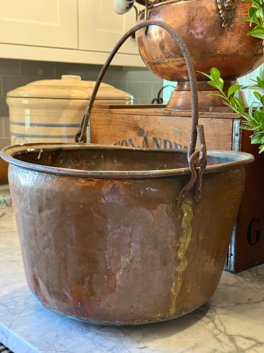 Antique Copper Hearth Bucket with Iron Handle