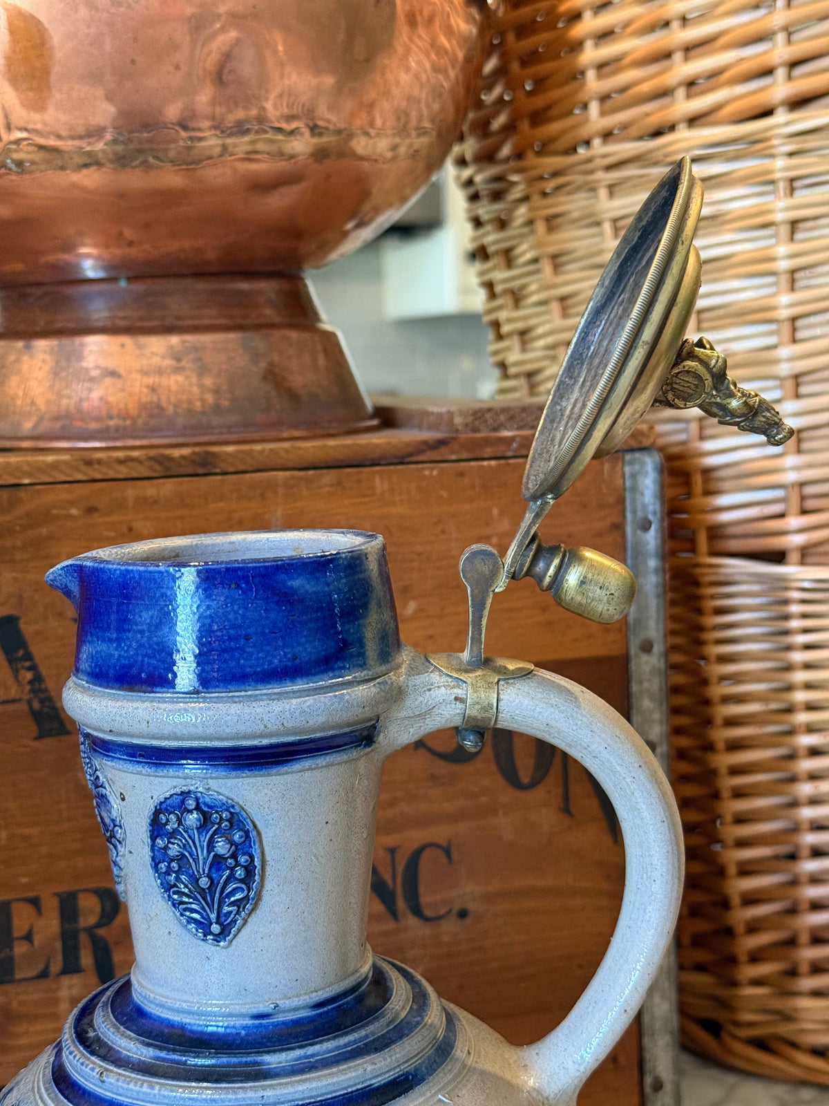 Antique German Westerwald Stein with Ornate Brass Finial