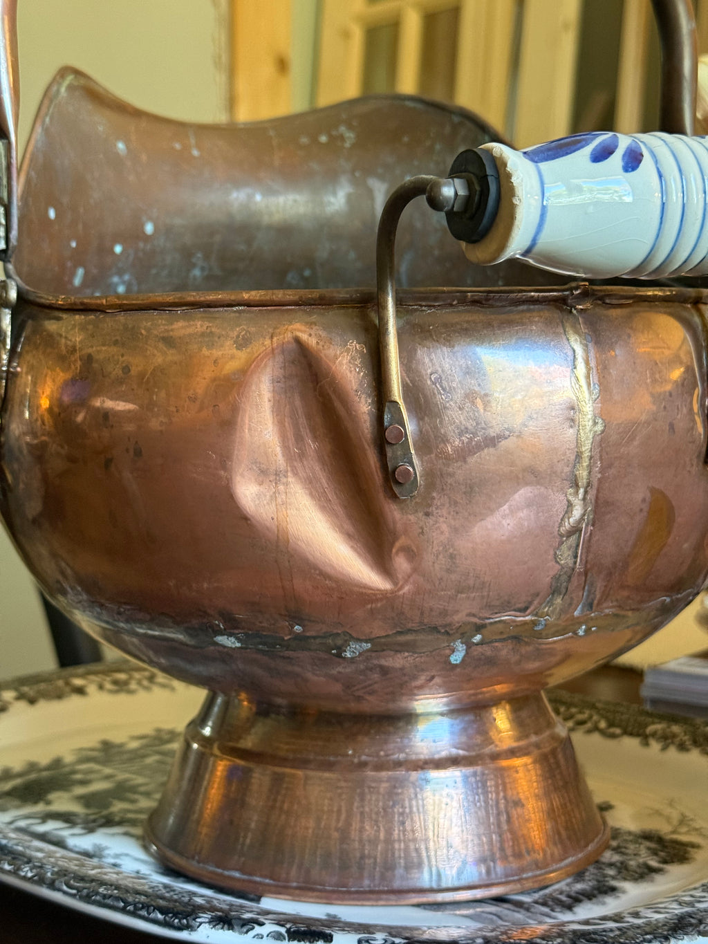 Large Vintage Copper Scuttle Bucket with Delft-Style Handles
