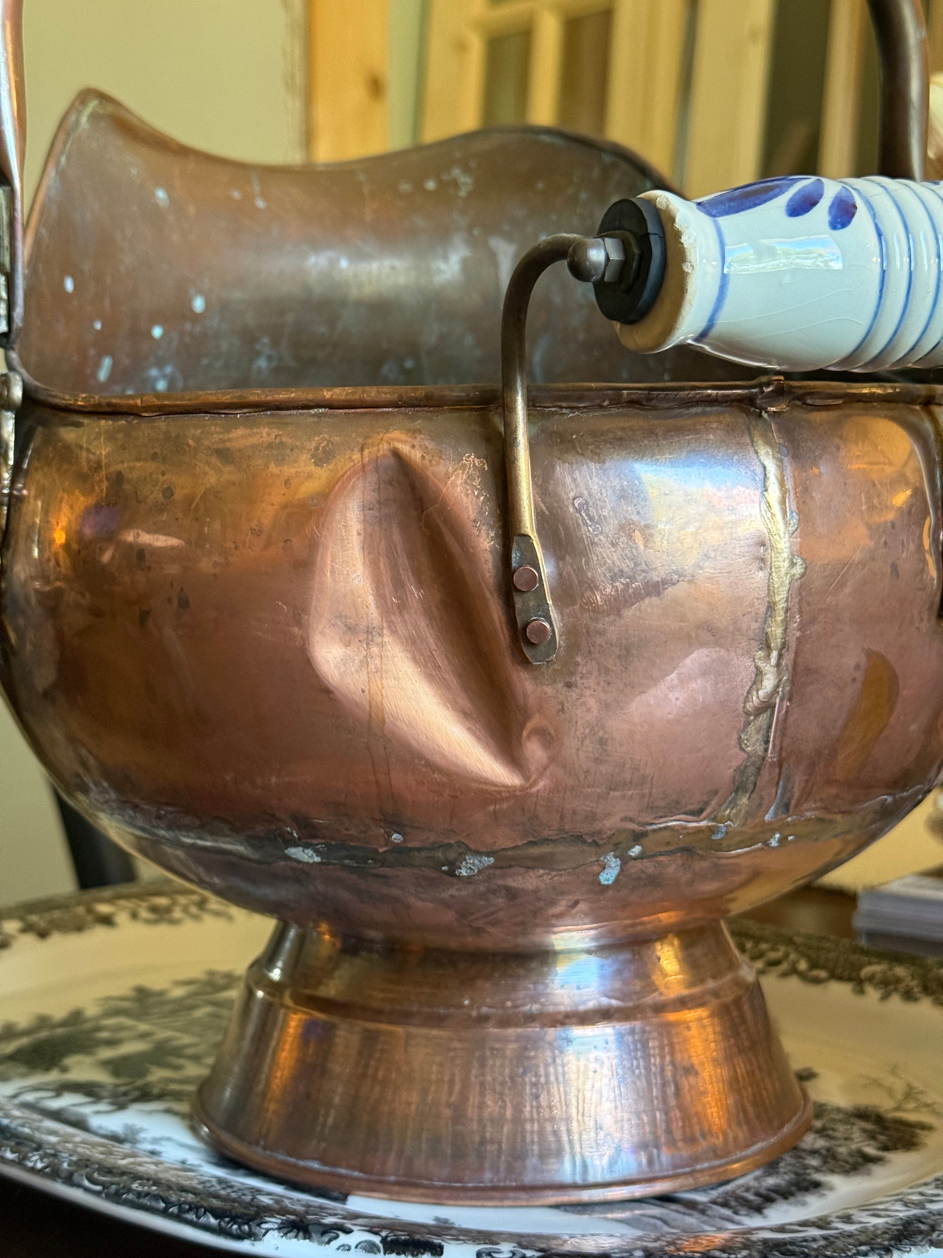 Large Vintage Copper Scuttle Bucket with Delft-Style Handles