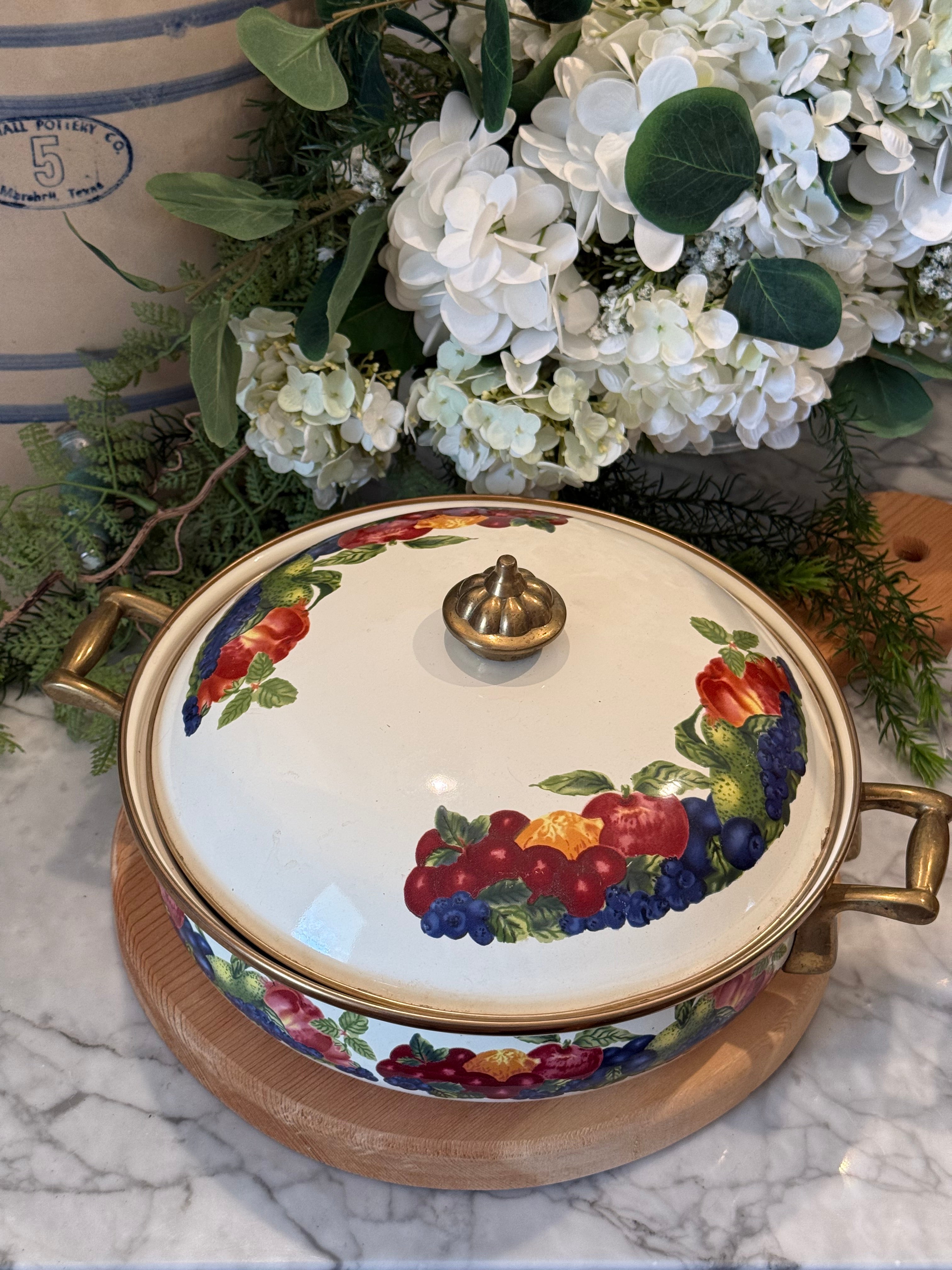 Vintage Lincoware Orchard Fruits Enamel Casserole Pot with Lid