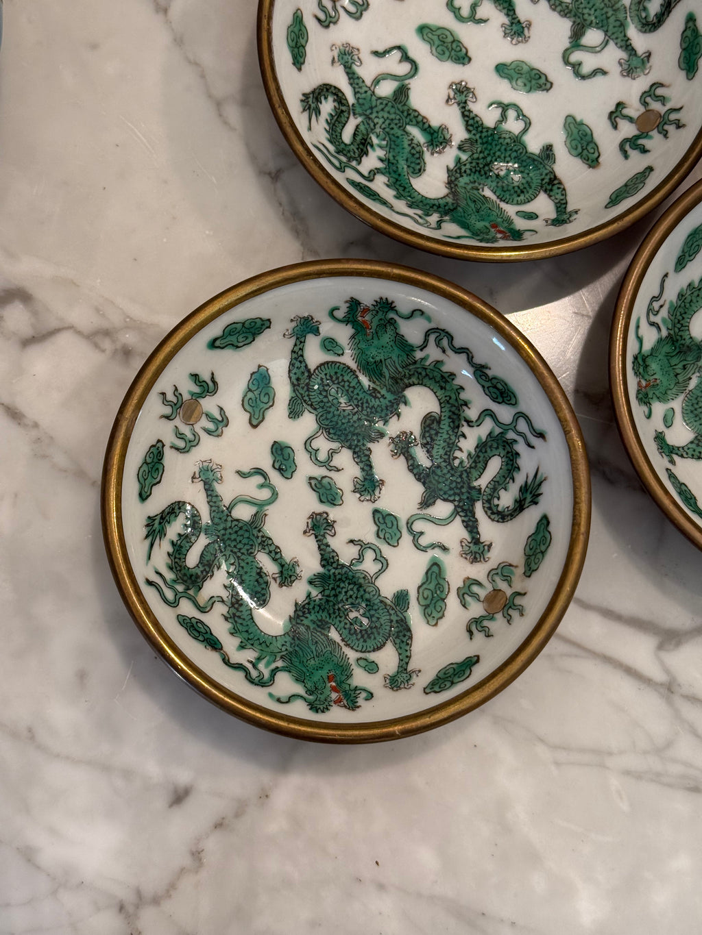 Vintage Chinese Green Dragon Famille Verte Porcelain Brass Rim Dish