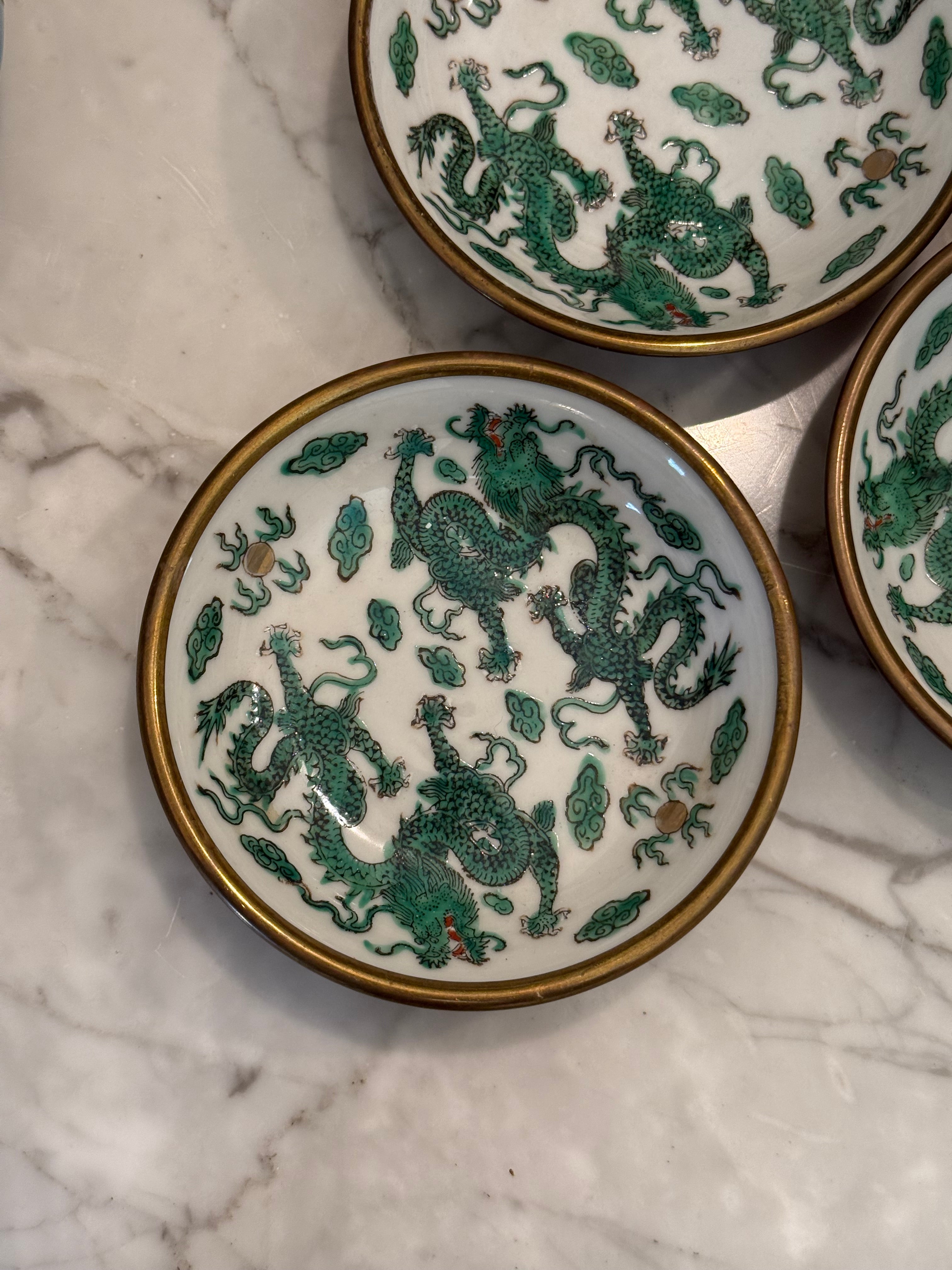 Vintage Chinese Green Dragon Famille Verte Porcelain Brass Rim Dish