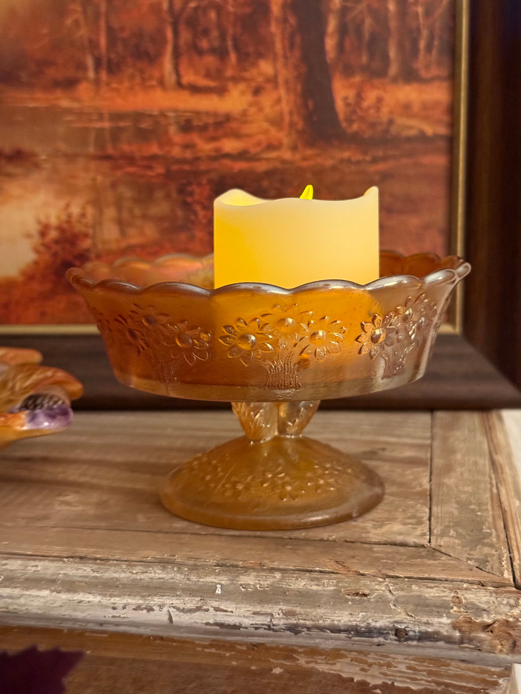Antique Fenton Orange Tree Marigold Carnival Glass Footed Ice Cream Dish
