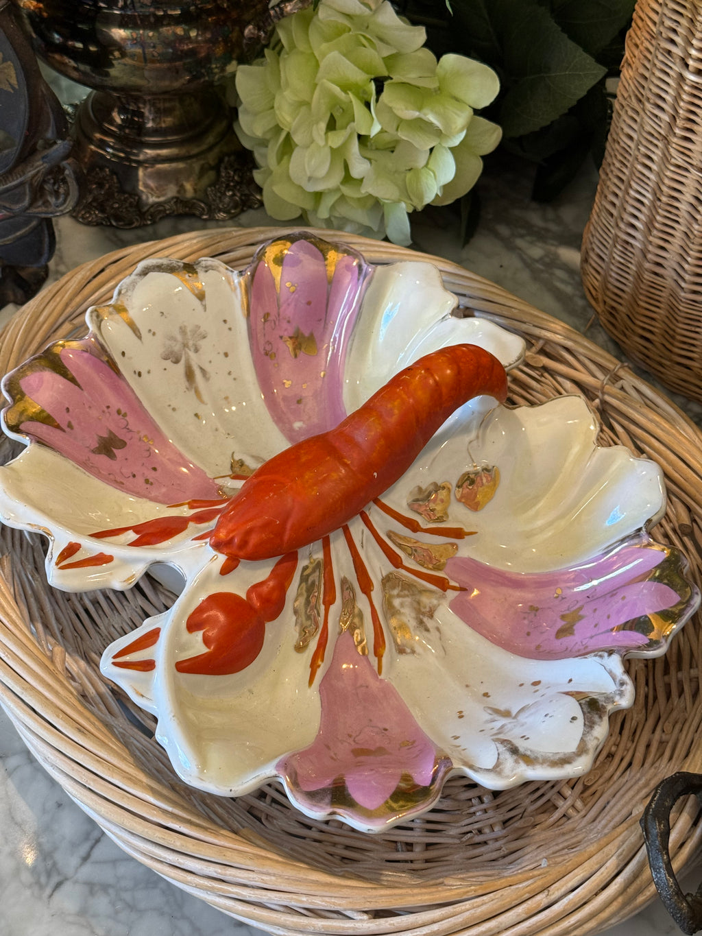 Antique Joseph Schachtel Porcelain Lobster Divided Dish - German Silesian Shell Platter (c. 1896-1916)