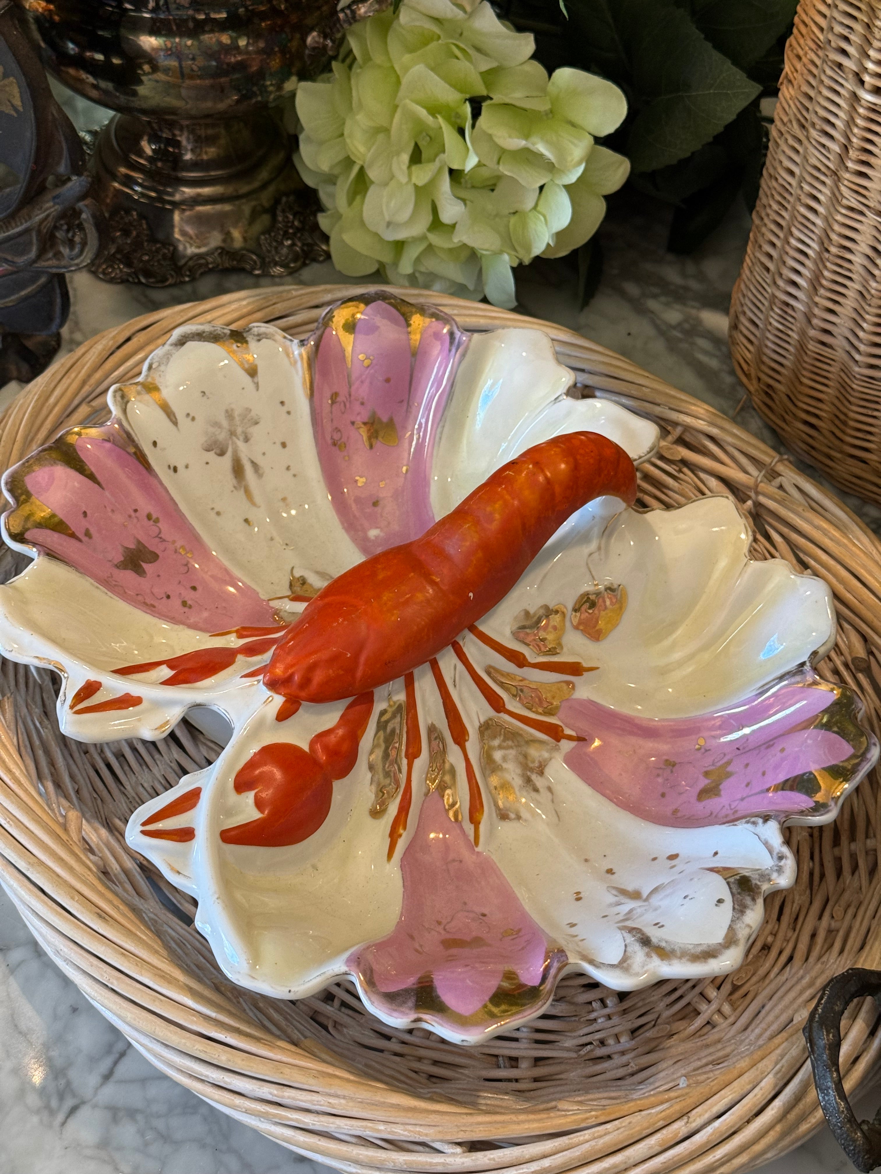 Antique Joseph Schachtel Porcelain Lobster Divided Dish - German Silesian Shell Platter (c. 1896-1916)