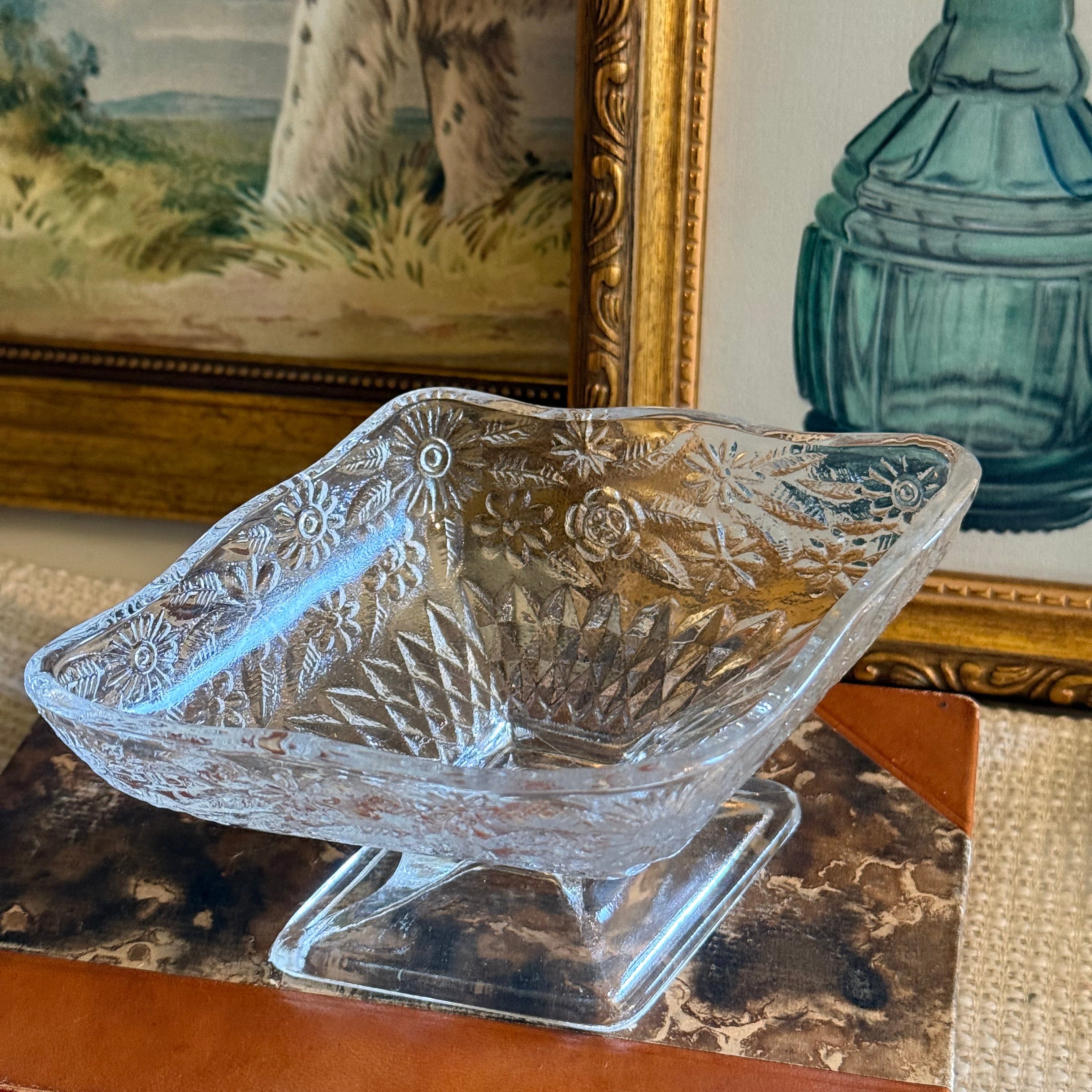 Vintage Indiana Glass Clear Pineapple and Floral Footed Compote Dish