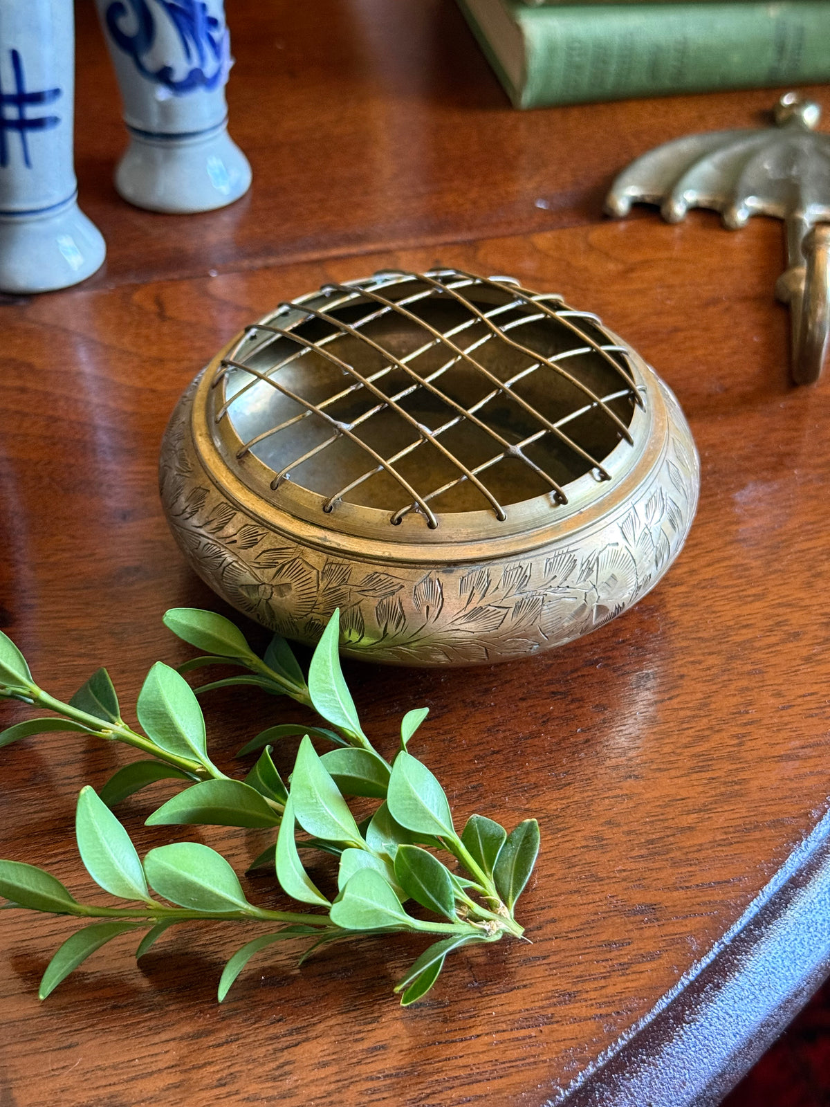Vintage Etched Brass Floral Frog Vessel