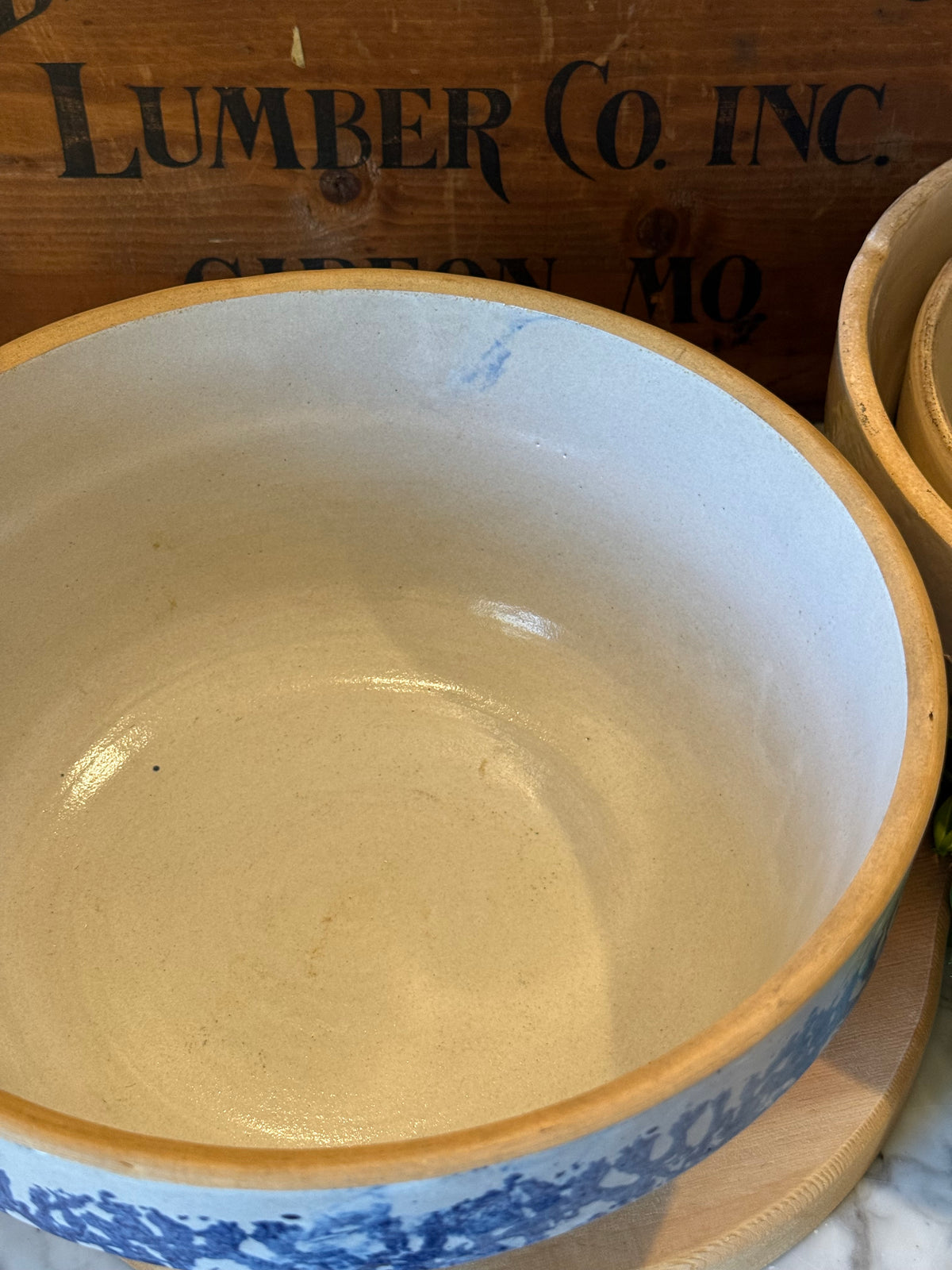 Antique Blue Spongeware Crock Shoulder Bowl - 10.75"