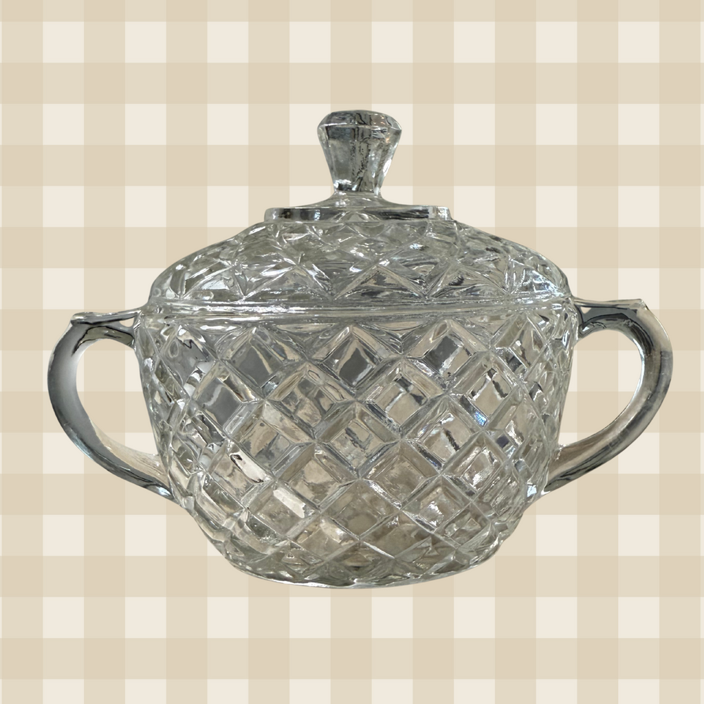 Vintage Anchor Hocking Waterford Waffle Cut Handled Sugar Bowl w Lid