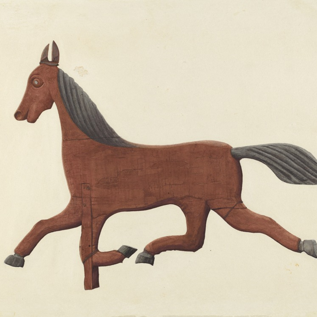 Illustration of a brown weather vane horse with a gray mane and tail on a beige background
