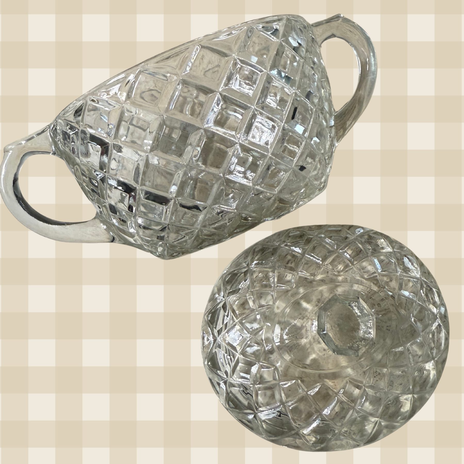 Vintage Anchor Hocking Waterford Waffle Cut Handled Sugar Bowl w Lid