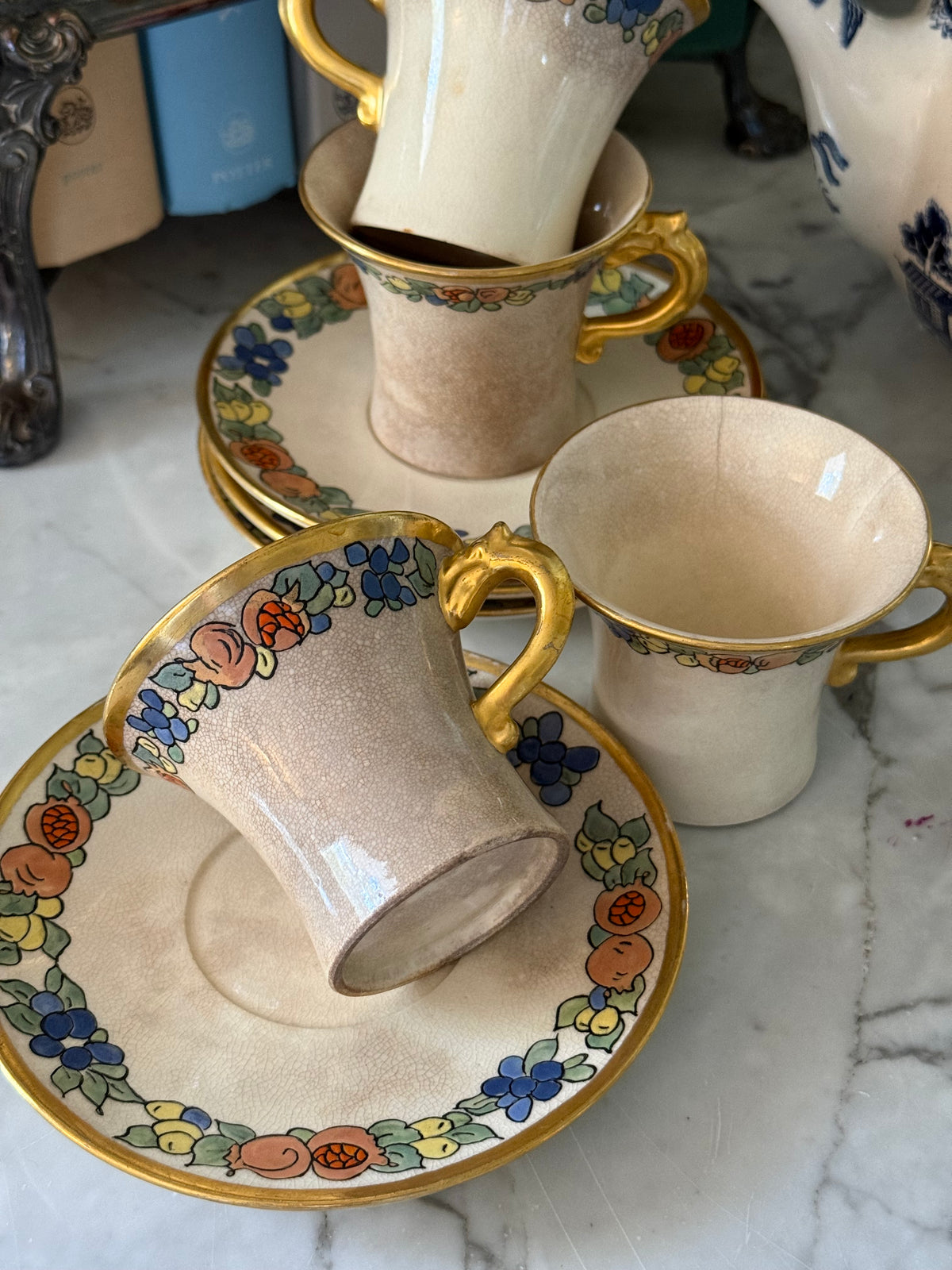 Antique Chinoiserie Ironstone Teacups & Saucers, Set of 4