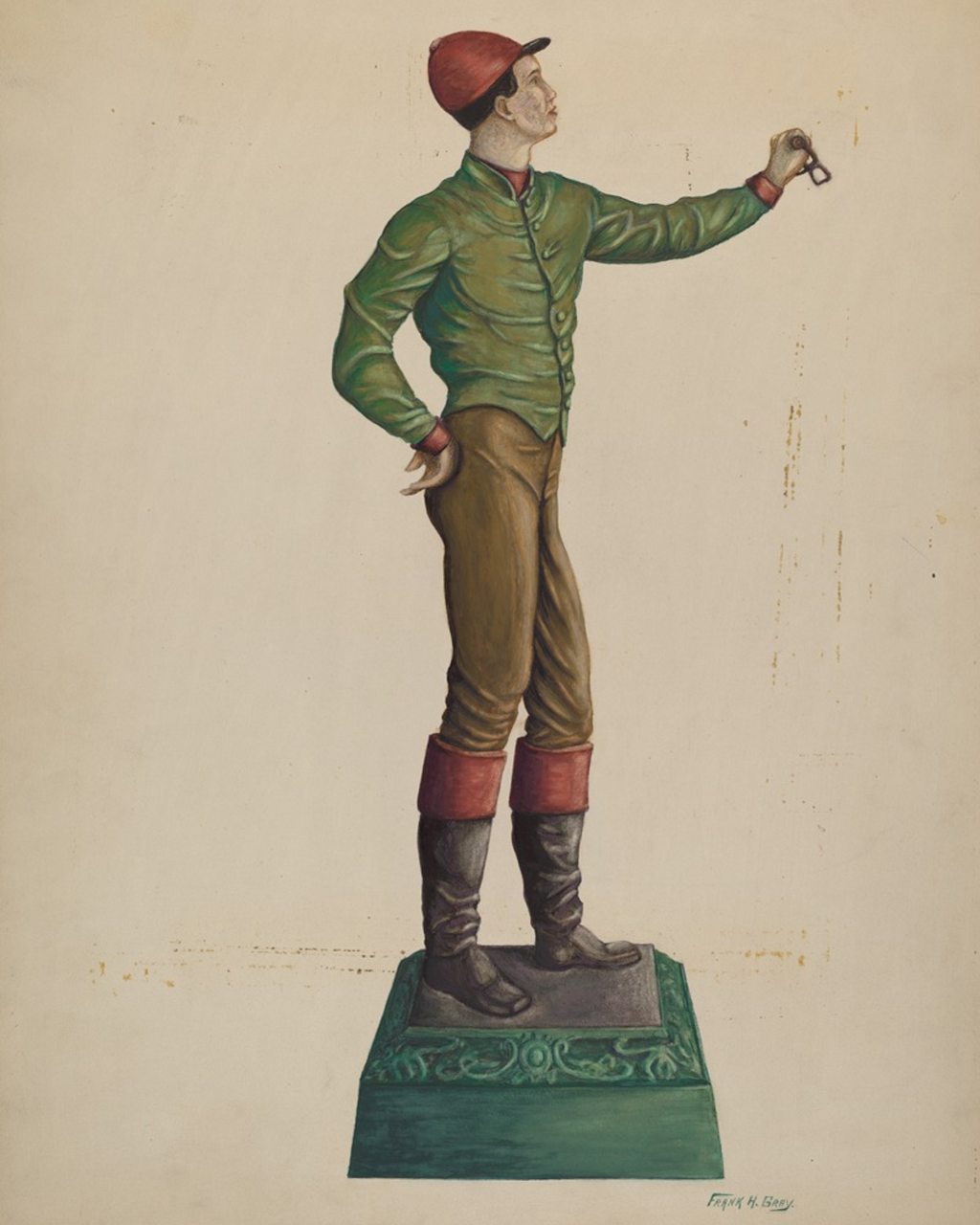Illustration of a person in green coat and red shoes falling onto a green block with a white background