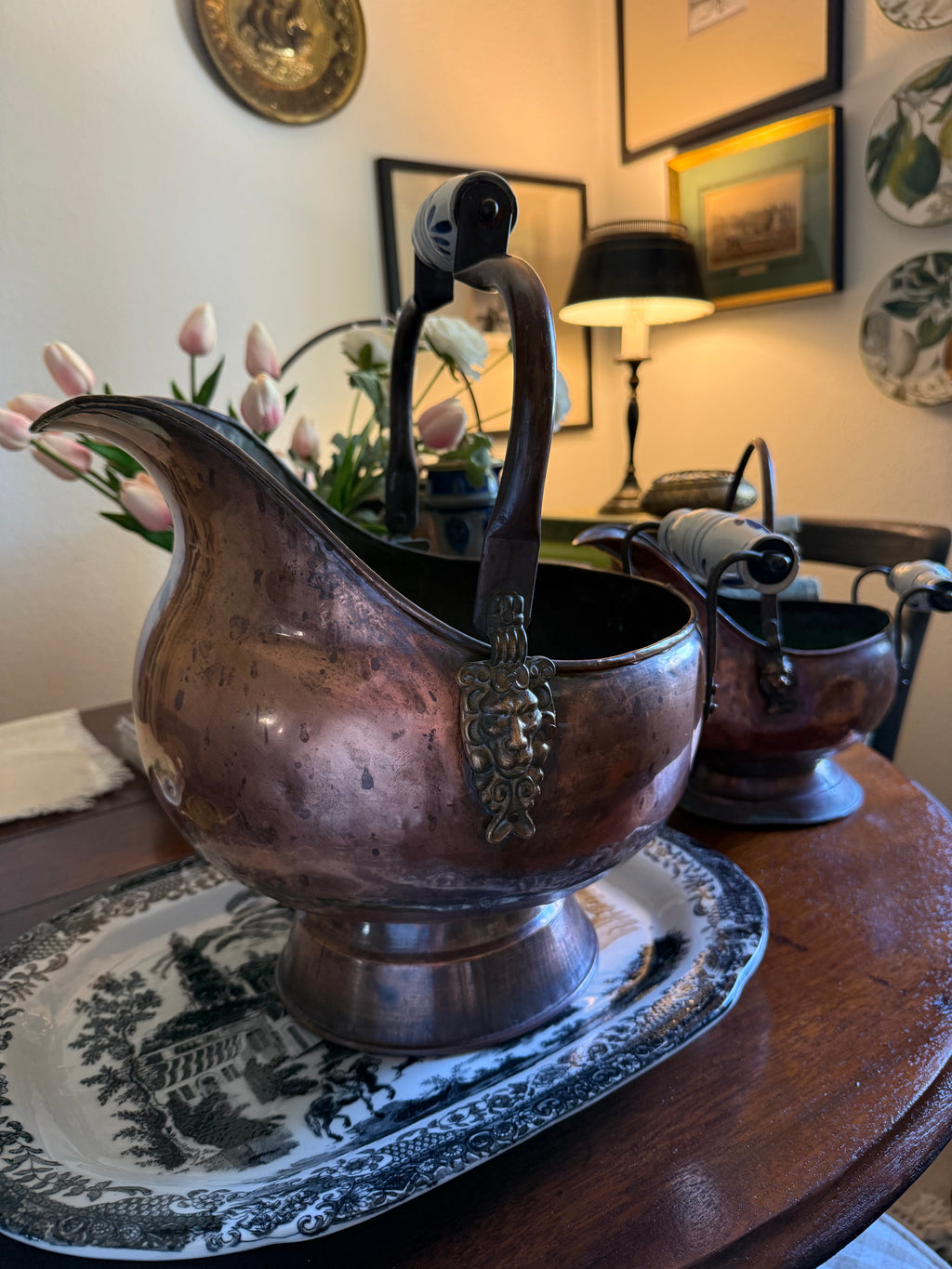 Large Vintage Copper Scuttle Bucket with Delft-Style Handles