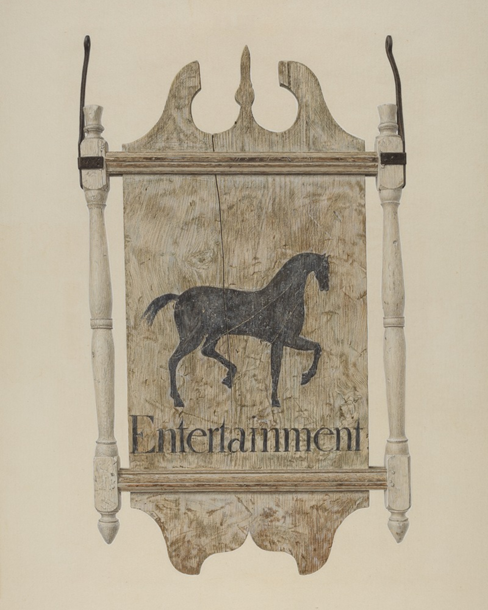 Decorative sign with a horse silhouette and 'Entertainment' text on a beige background