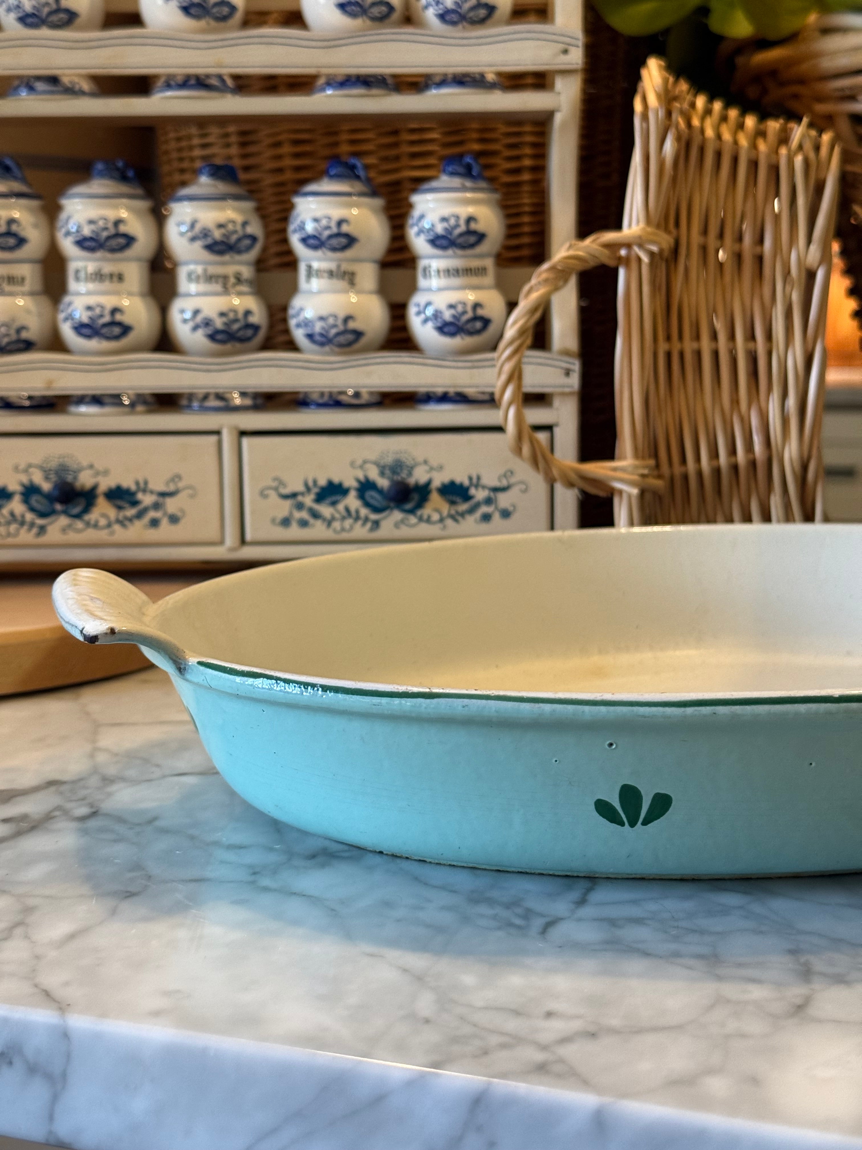 Vintage Teal Holland Enameled Cast Iron Casserole Dish