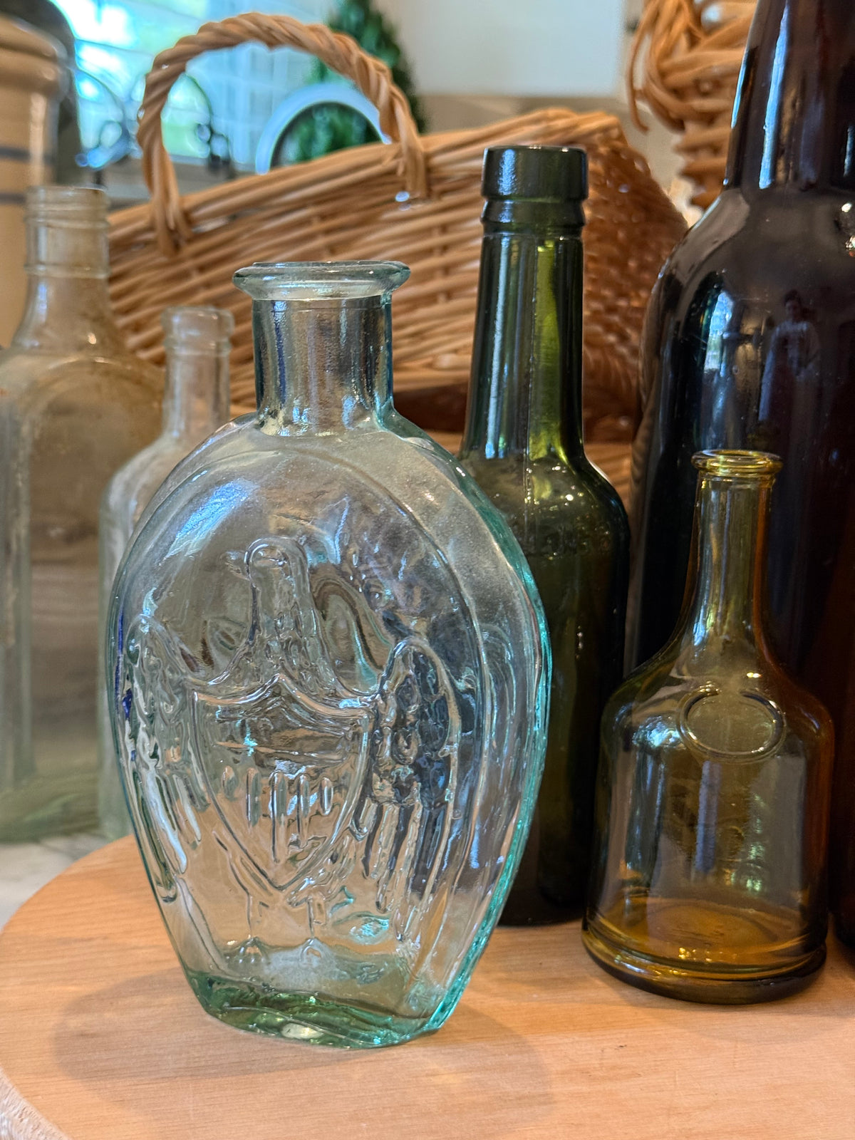 Vintage Aqua Eagle & Cornucopia Glass Flask