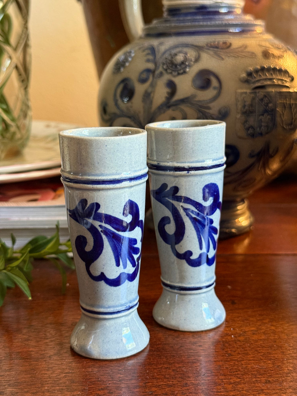 Vintage Blue Salt-Glazed Crock Shot Glasses, Set of 2
