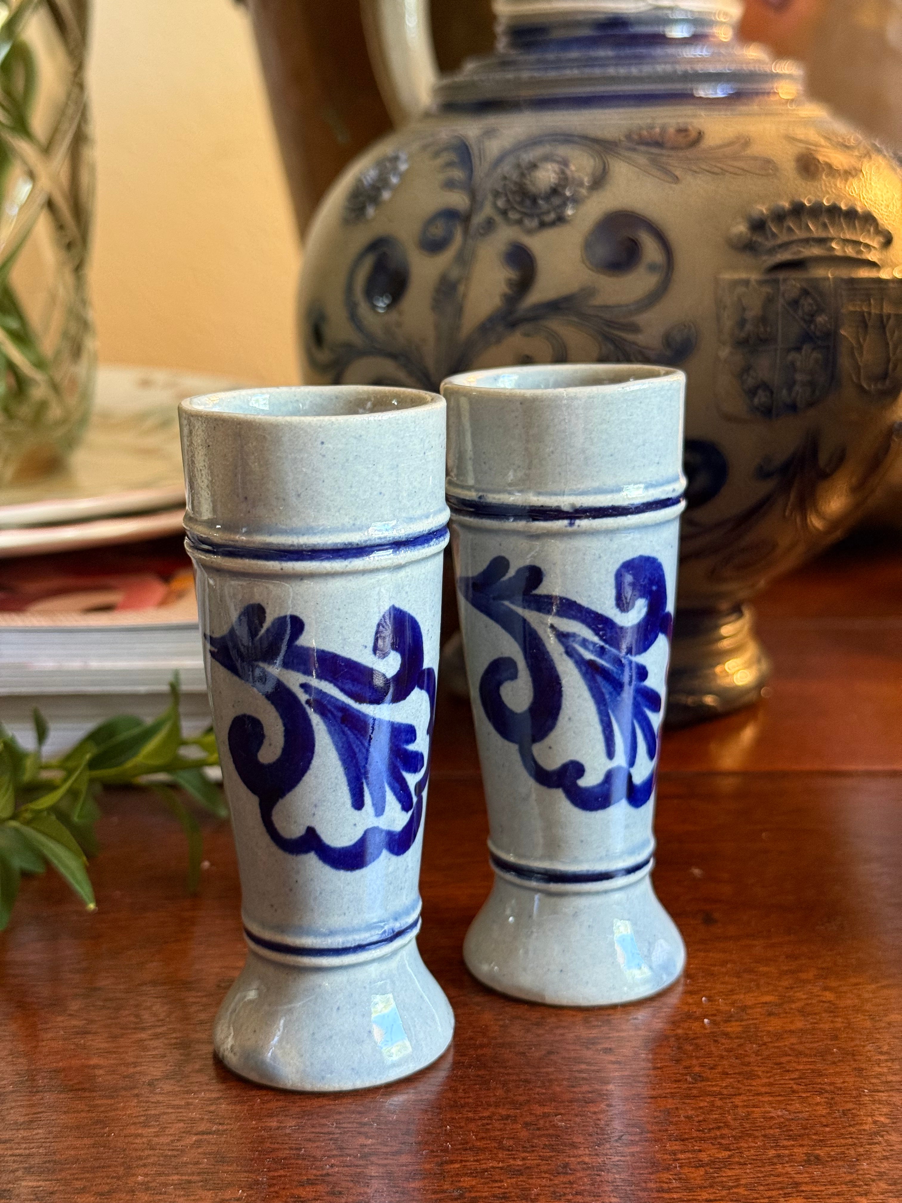 Vintage Blue Salt-Glazed Crock Shot Glasses, Set of 2