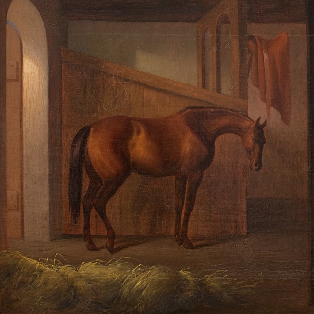 Painting of a horse in a stable with hay and wooden beams.