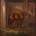 Painting of a horse in a stable with hay and wooden beams.