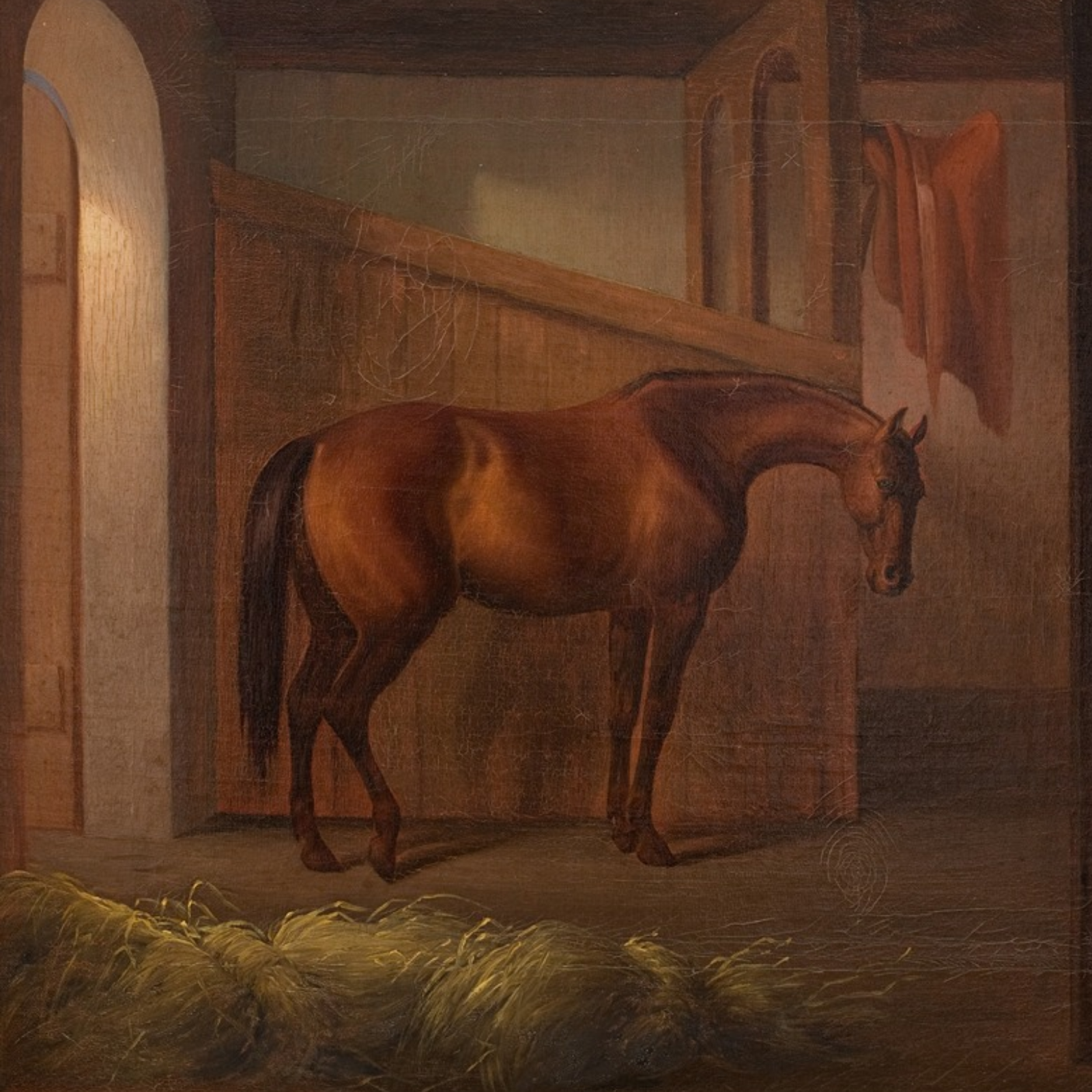 Painting of a horse in a stable with hay and wooden beams.