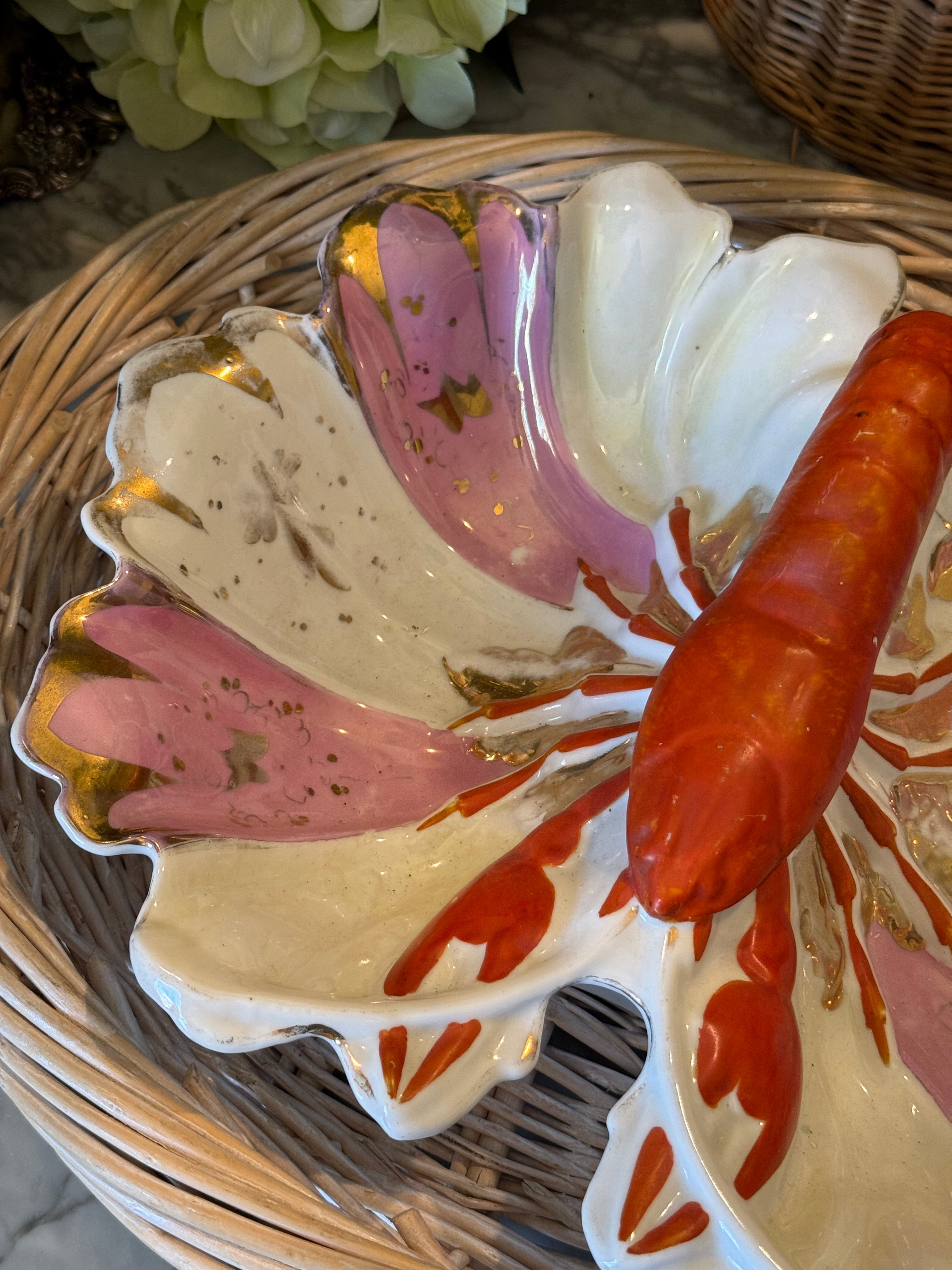 Antique Joseph Schachtel Porcelain Lobster Divided Dish - German Silesian Shell Platter (c. 1896-1916)