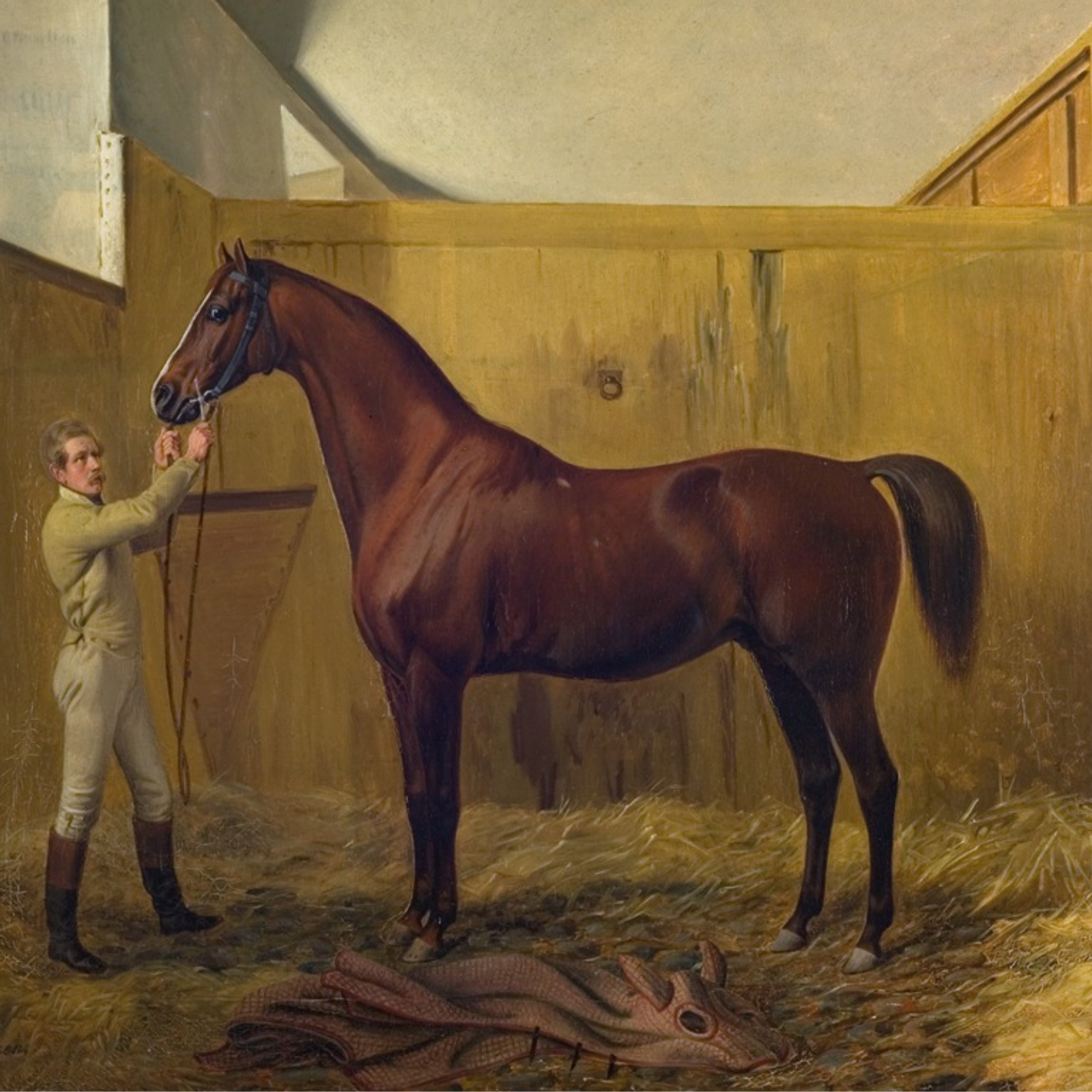 Painting of a man with a horse in a stable