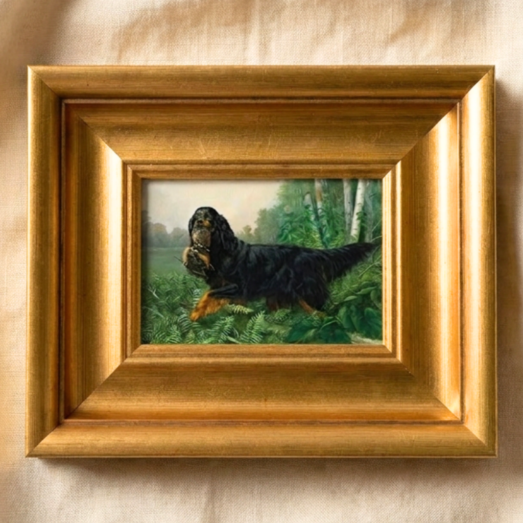 The Field Dog No. 08 - 5x7 Antique Gold Framed Gordon Setter Hunting Dog Portrait