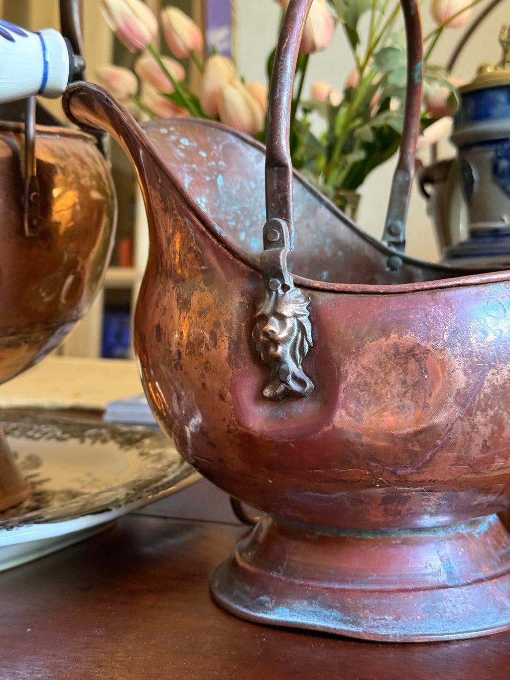 Small Vintage Copper Coal Scuttle Bucket with Delft-Style Handles