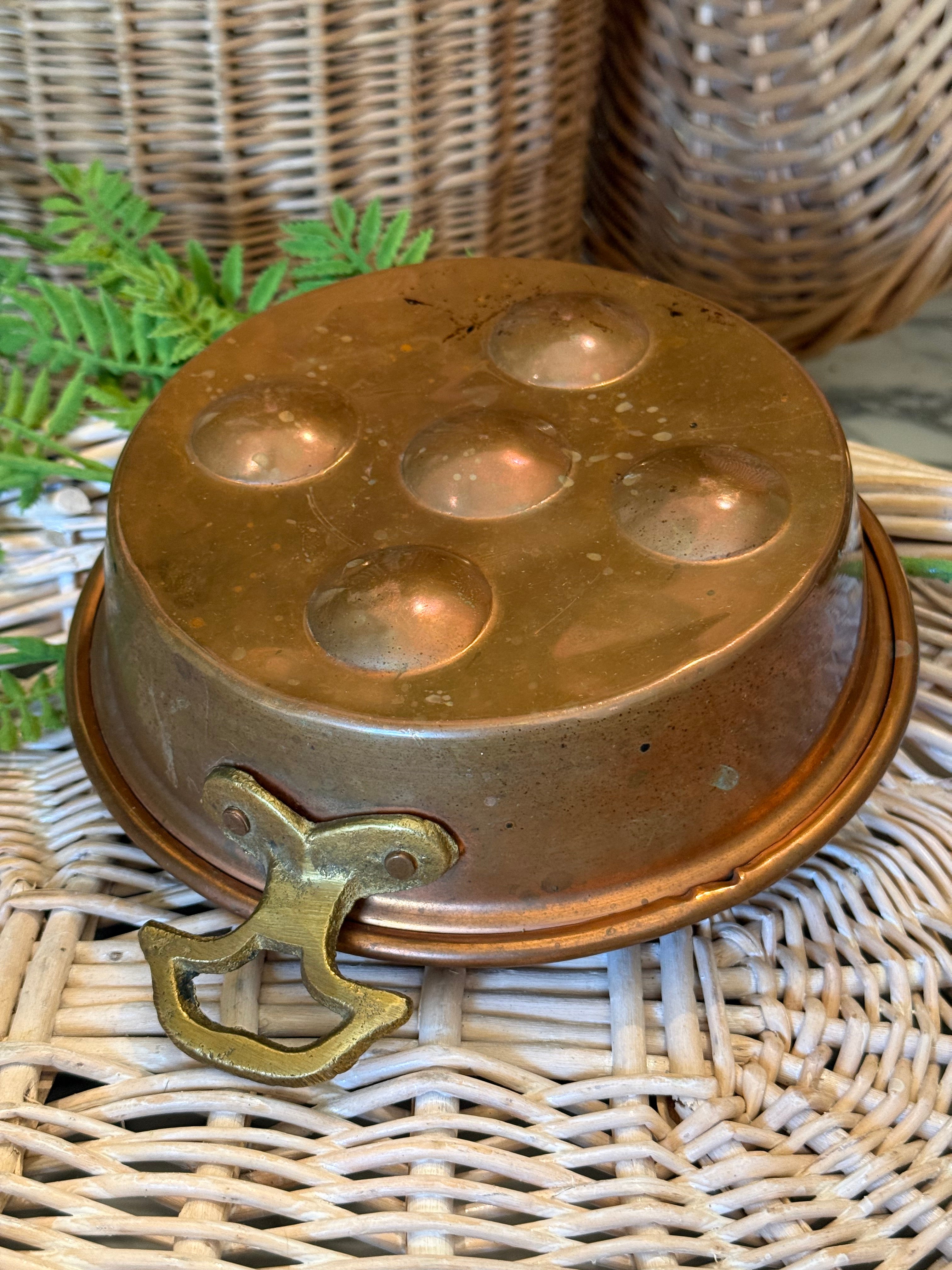 Vintage Made in Turkey Hammered Copper Egg Poacher - Brass Handles - 5-Hole