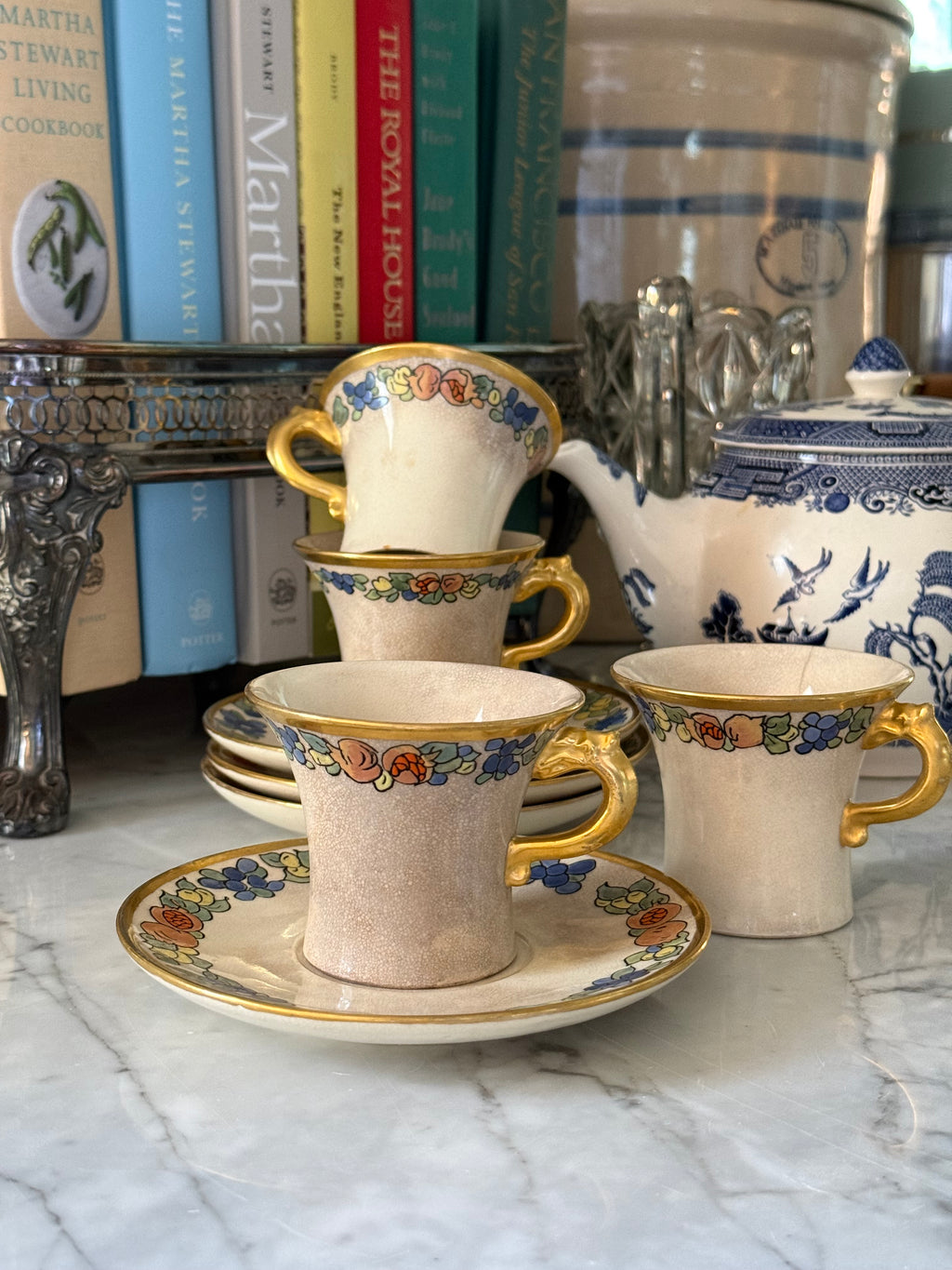 Antique Chinoiserie Ironstone Teacups & Saucers, Set of 4