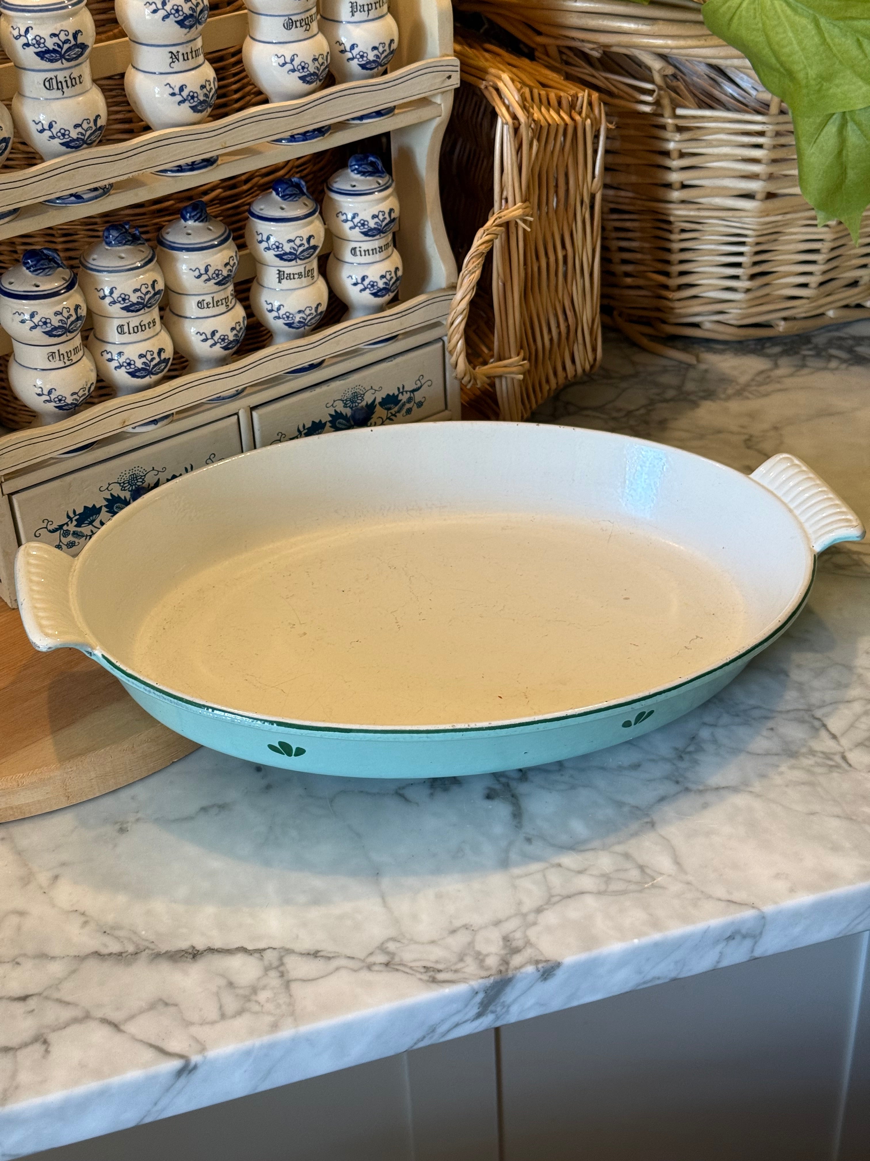 Vintage Teal Holland Enameled Cast Iron Casserole Dish