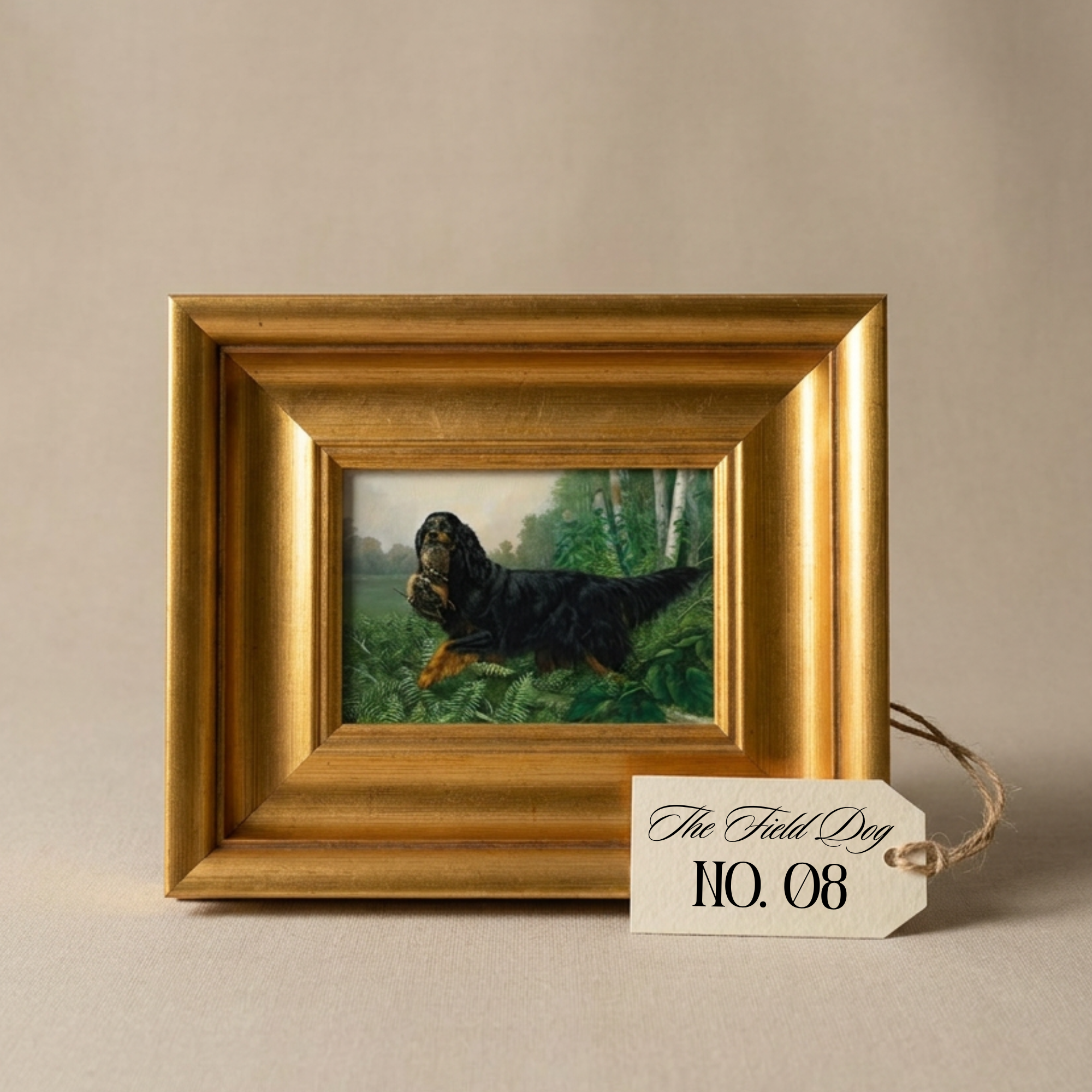 The Field Dog No. 08 - 5x7 Antique Gold Framed Gordon Setter Hunting Dog Portrait