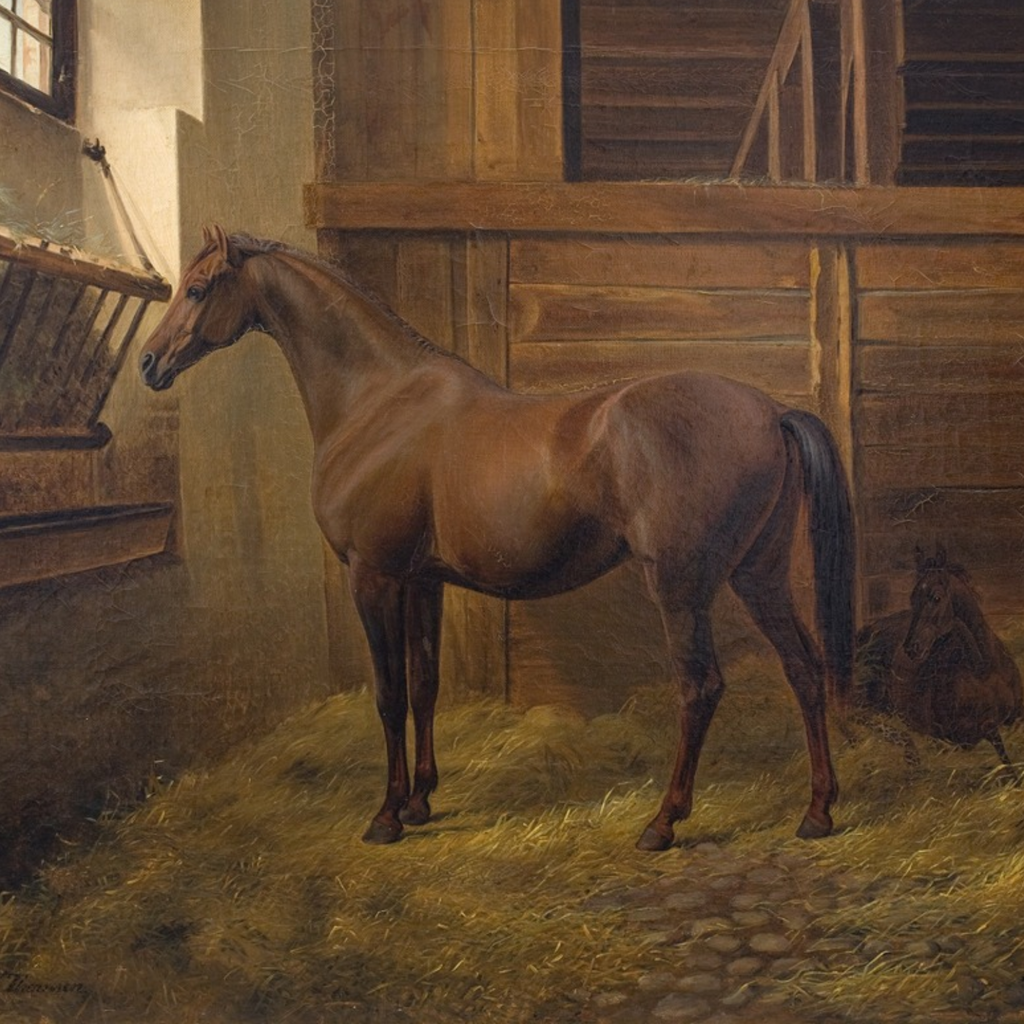 Painting of a horse standing in a stable.