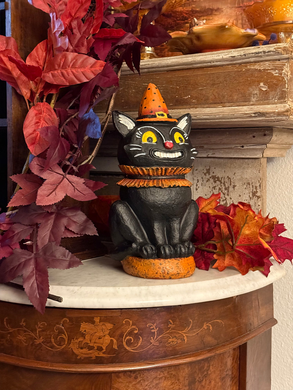 Folk Art Spooky Black Cat Statue Primitive-Style Halloween