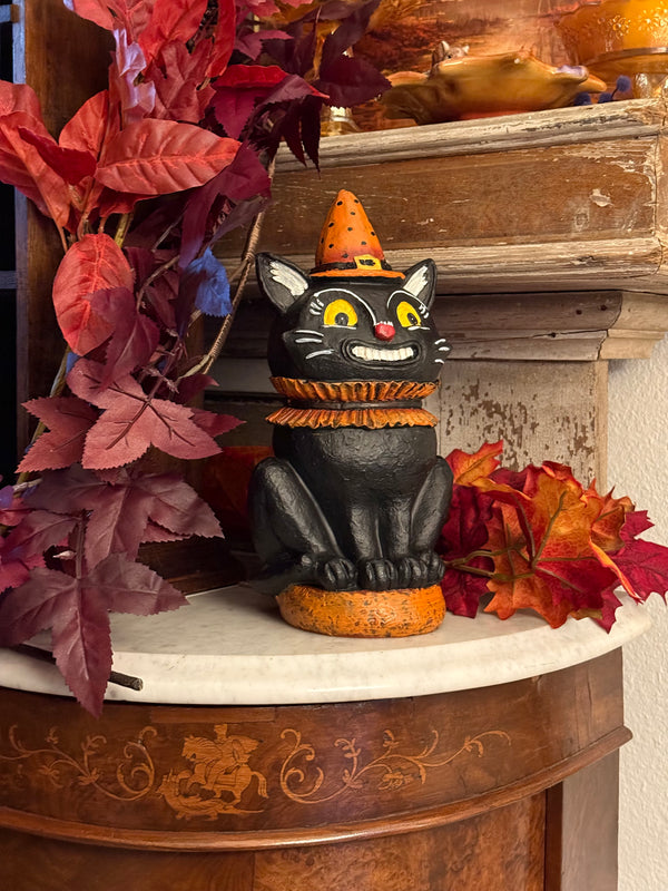 Folk Art Spooky Black Cat Statue Primitive-Style Halloween