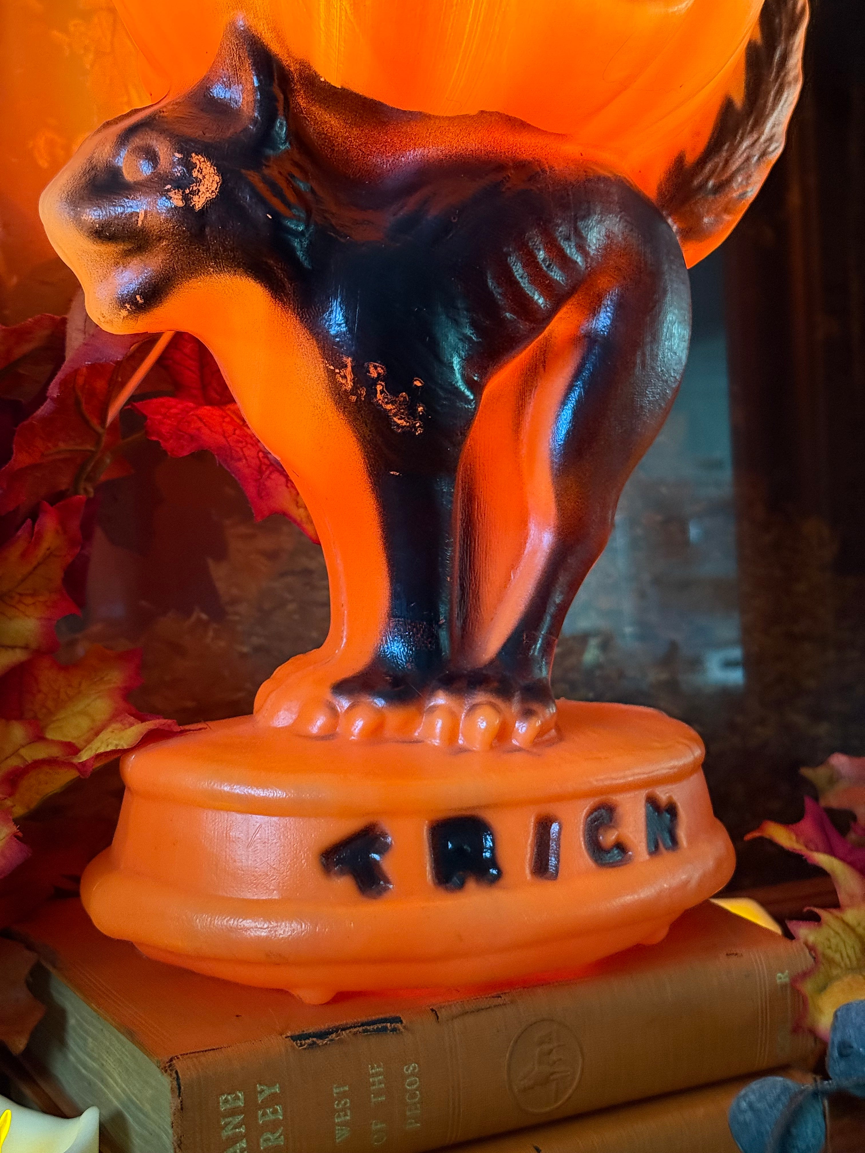 Vintage Halloween "Trick-or-Treat" Blow Mold Orange Pumpkin & Black Cat