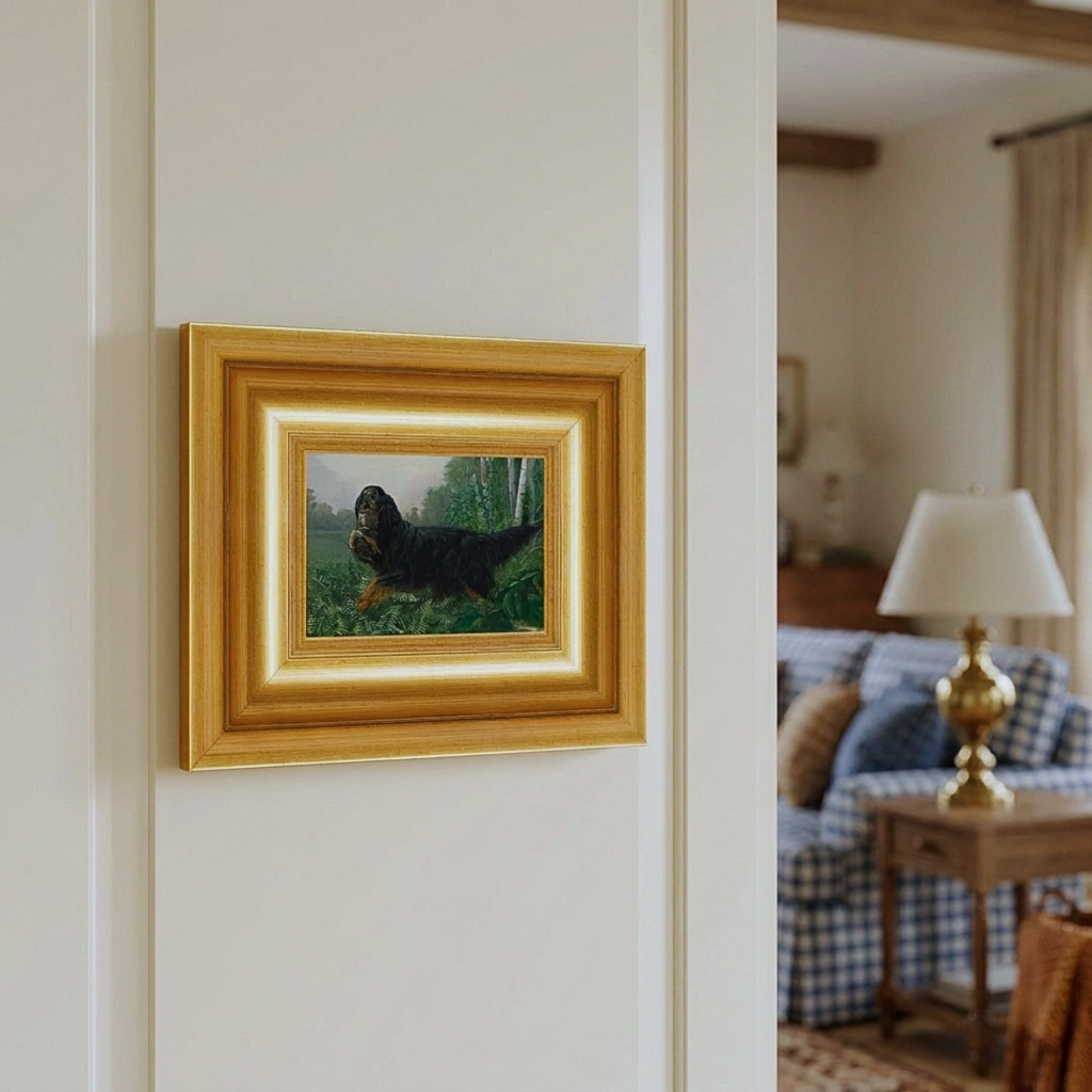 The Field Dog No. 08 - 5x7 Antique Gold Framed Gordon Setter Hunting Dog Portrait