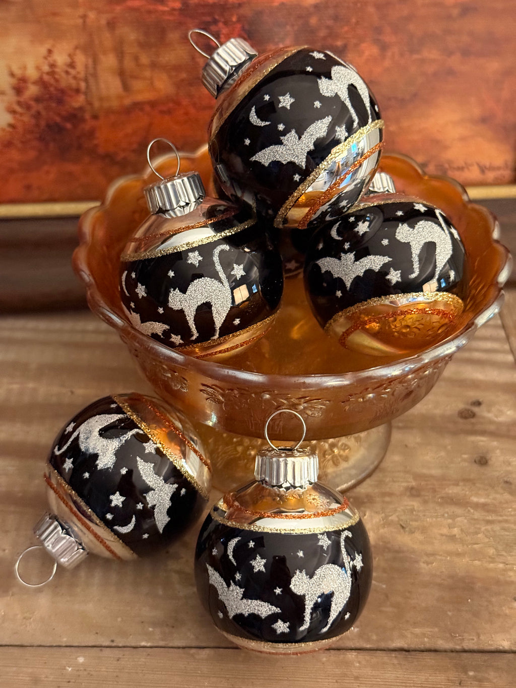 Christopher Radko Shiny Brite Set of 6 Halloween Glass Ornaments Bat & Cat