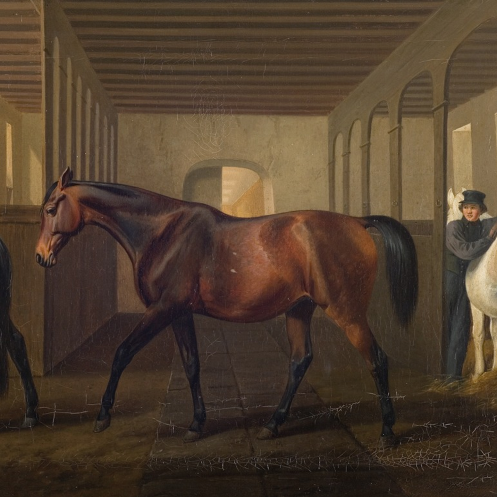 Horses in a stable with a person in the background