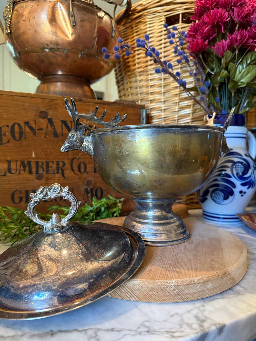 Vintage Silver Plated Stag Head Pedestal Tureen